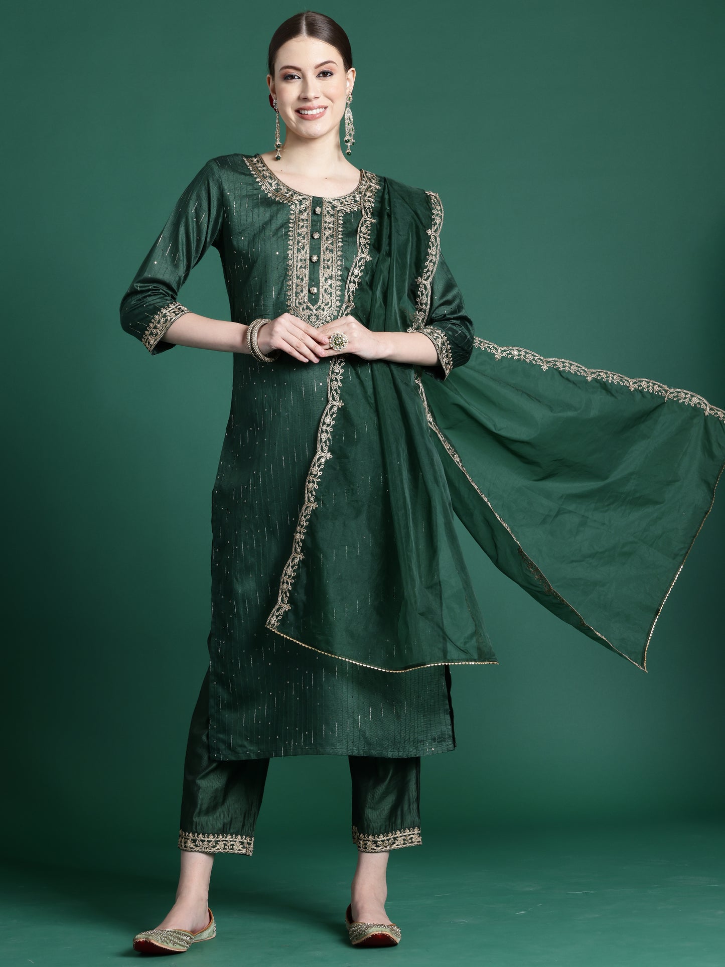 IE Green Embroidered Straight Kurta Trousers With Dupatta set