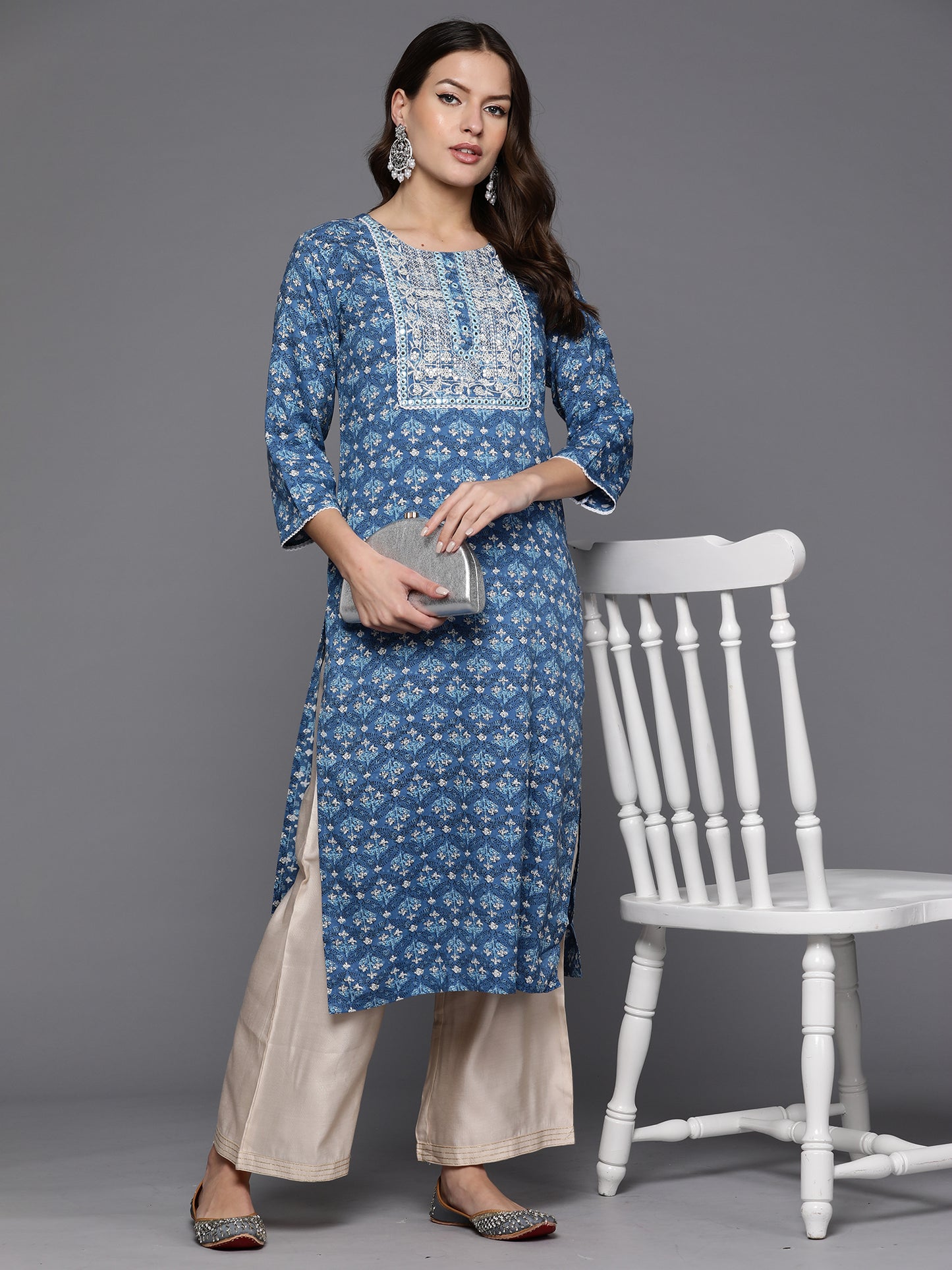 IE Blue Printed Straight Kurtas