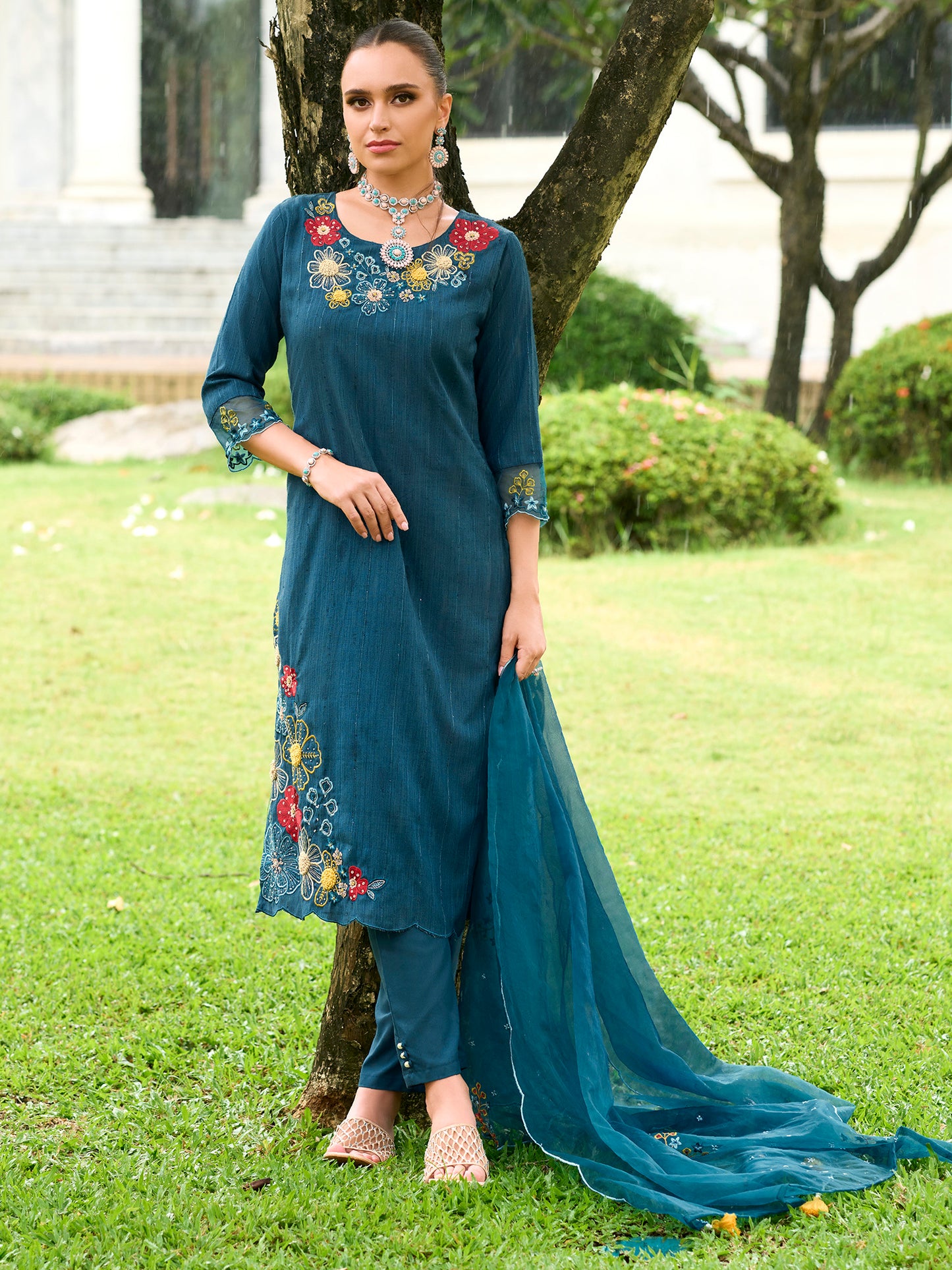 IE Teal Embroidered Straight Kurta Trousers With Dupatta set