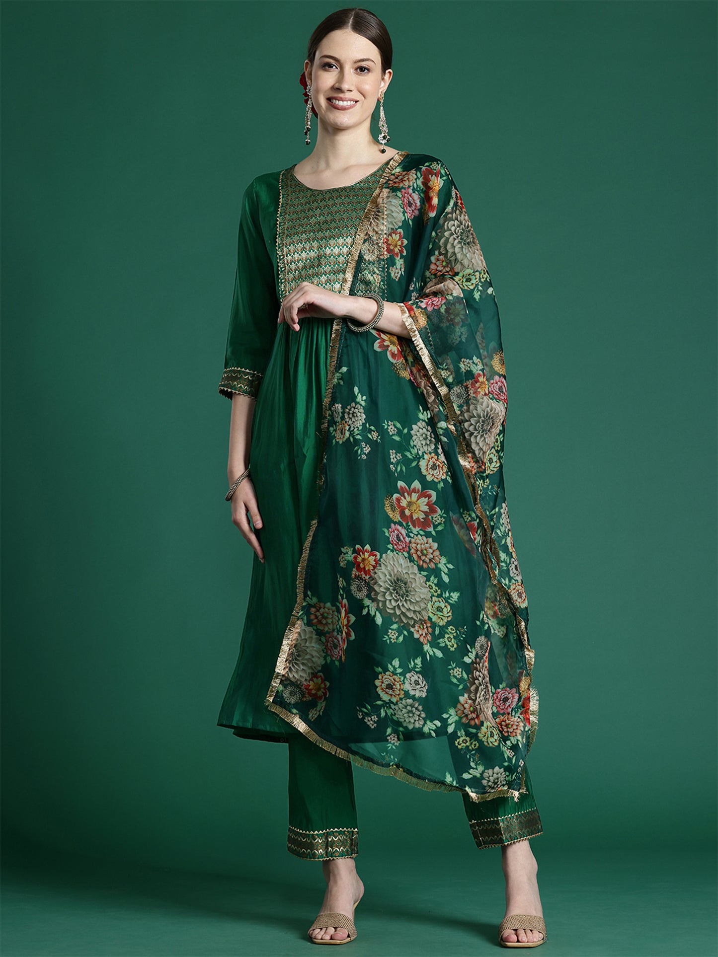 IE Green Yoke Design A-Line Kurta Trousers With Dupatta set