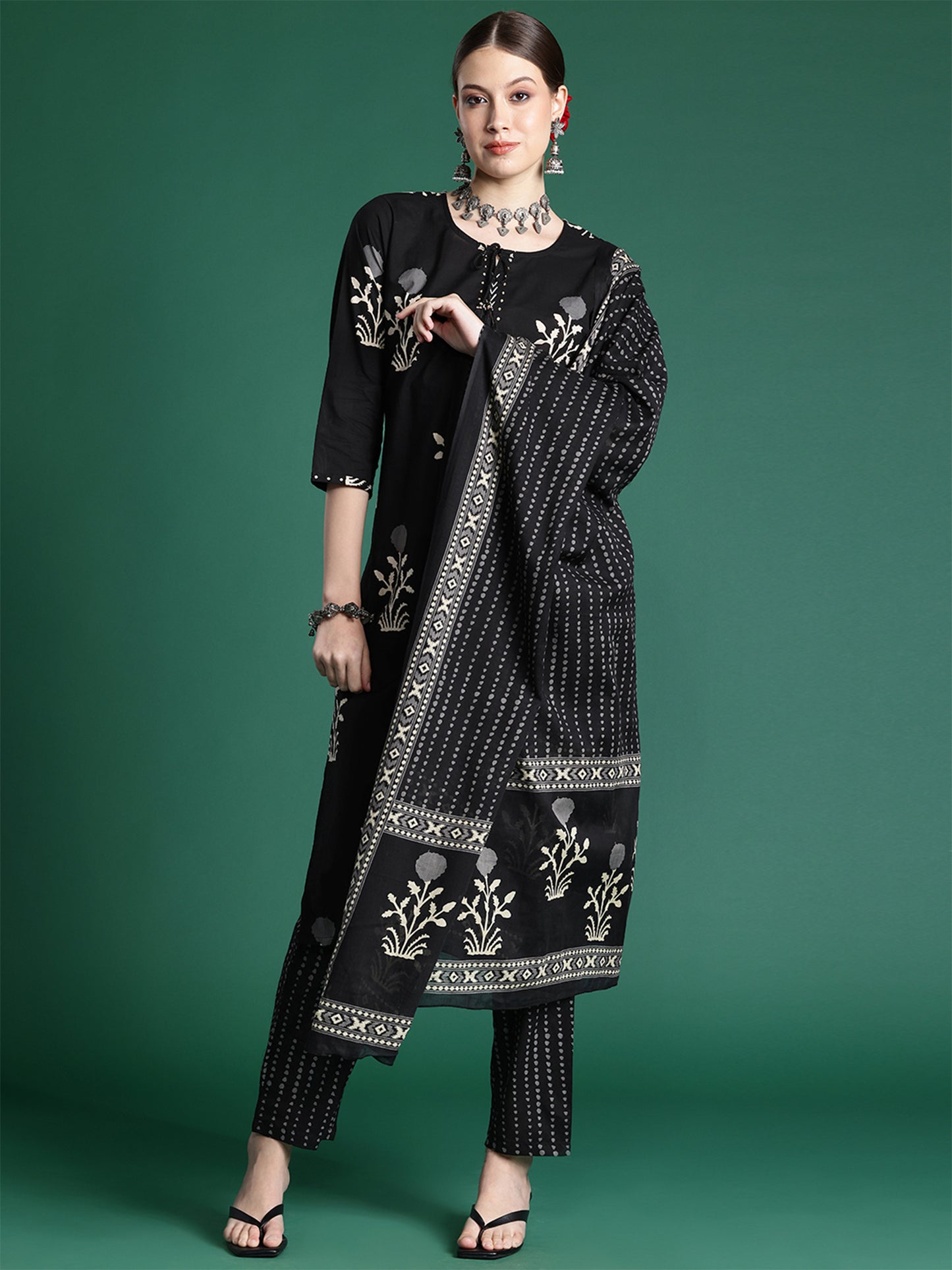 IE Black Printed Straight Kurta Trousers With Dupatta set