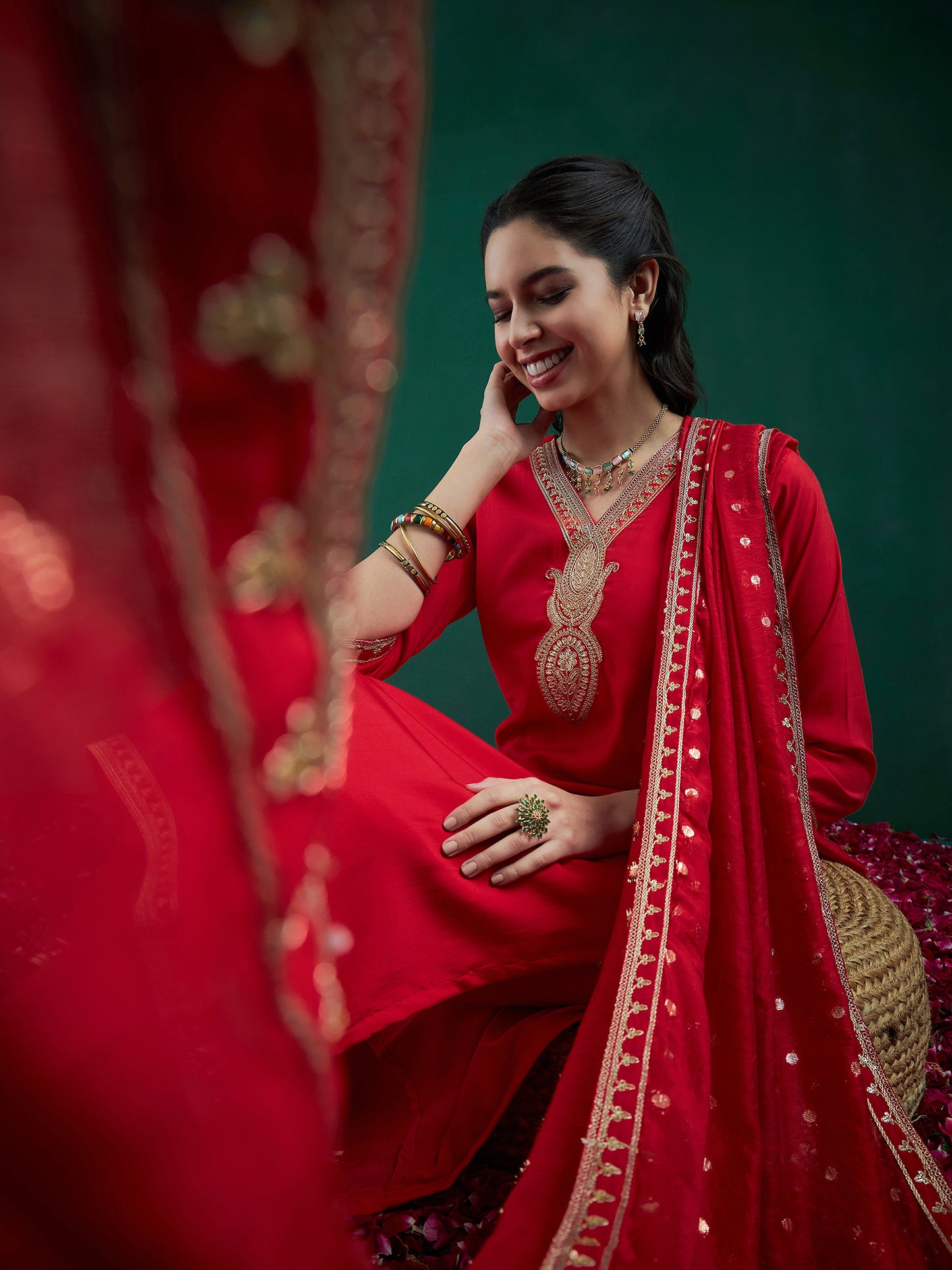 IE Red Embroidered Straight Kurta Trousers With Dupatta set