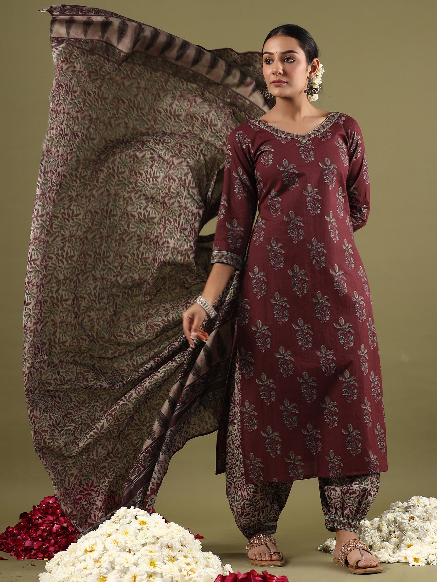 IE Burgundy Printed Straight Kurta Salwar With Dupatta set