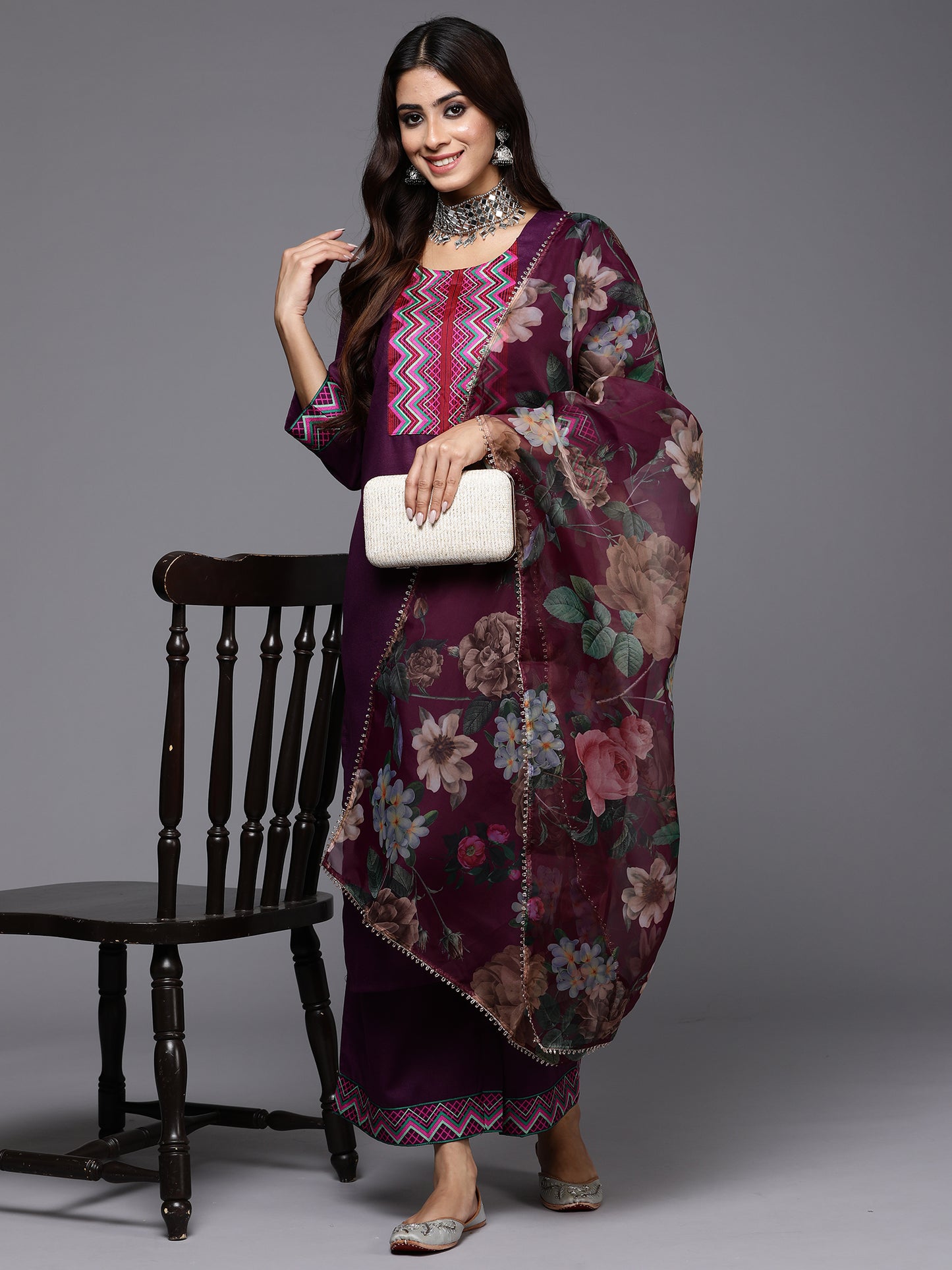 IE Purple Yoke Design Straight Kurta Palazzos With Dupatta Set