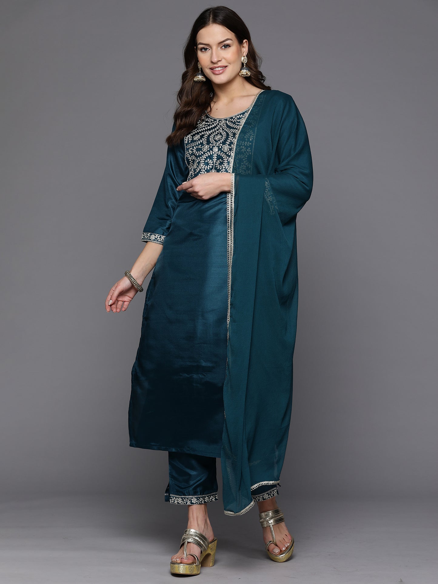 IE Teal Embroidered Straight Kurta Trousers With Dupatta Set