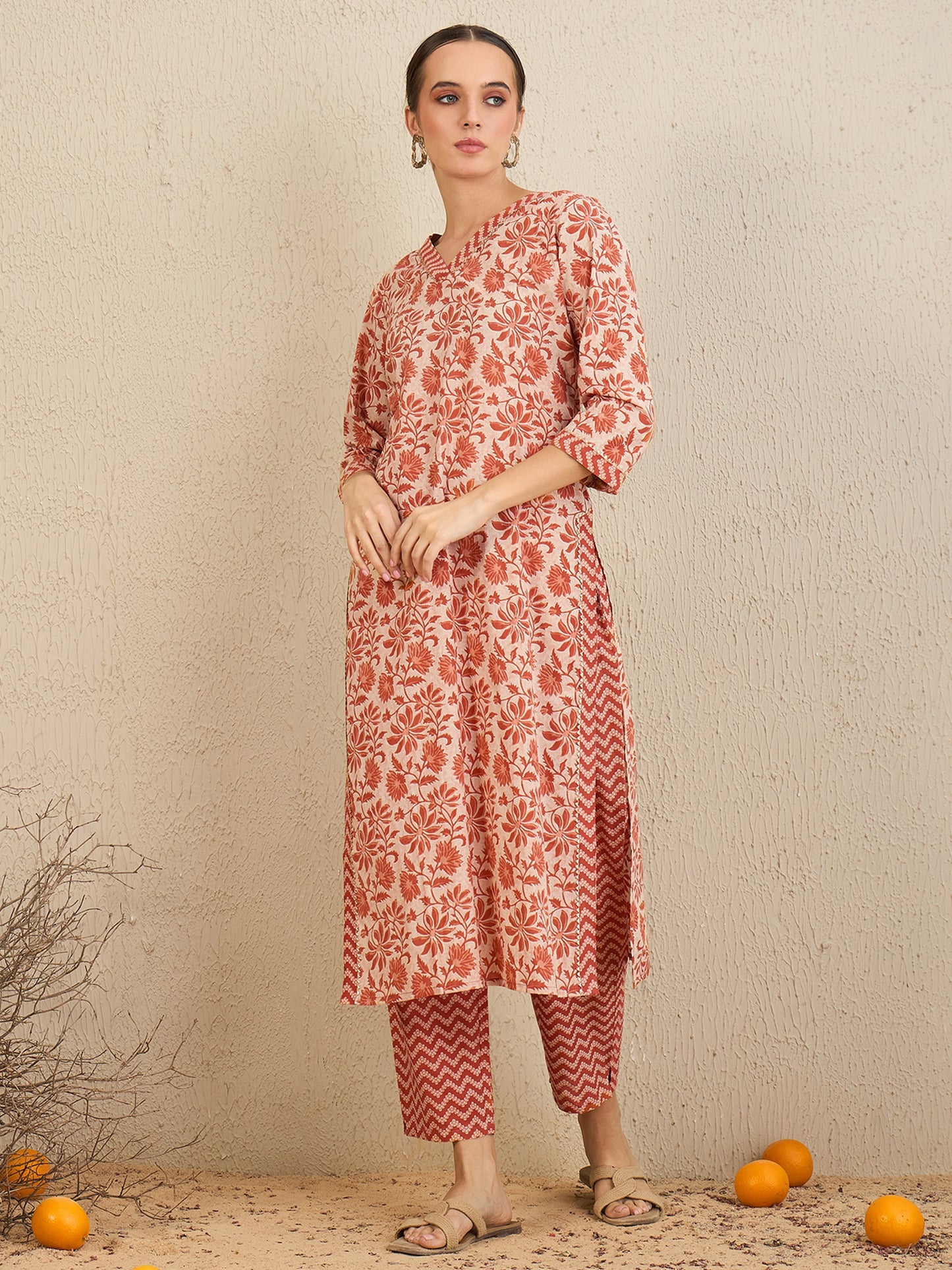 IE Rust Printed Straight Kurta Trousers With Dupatta set