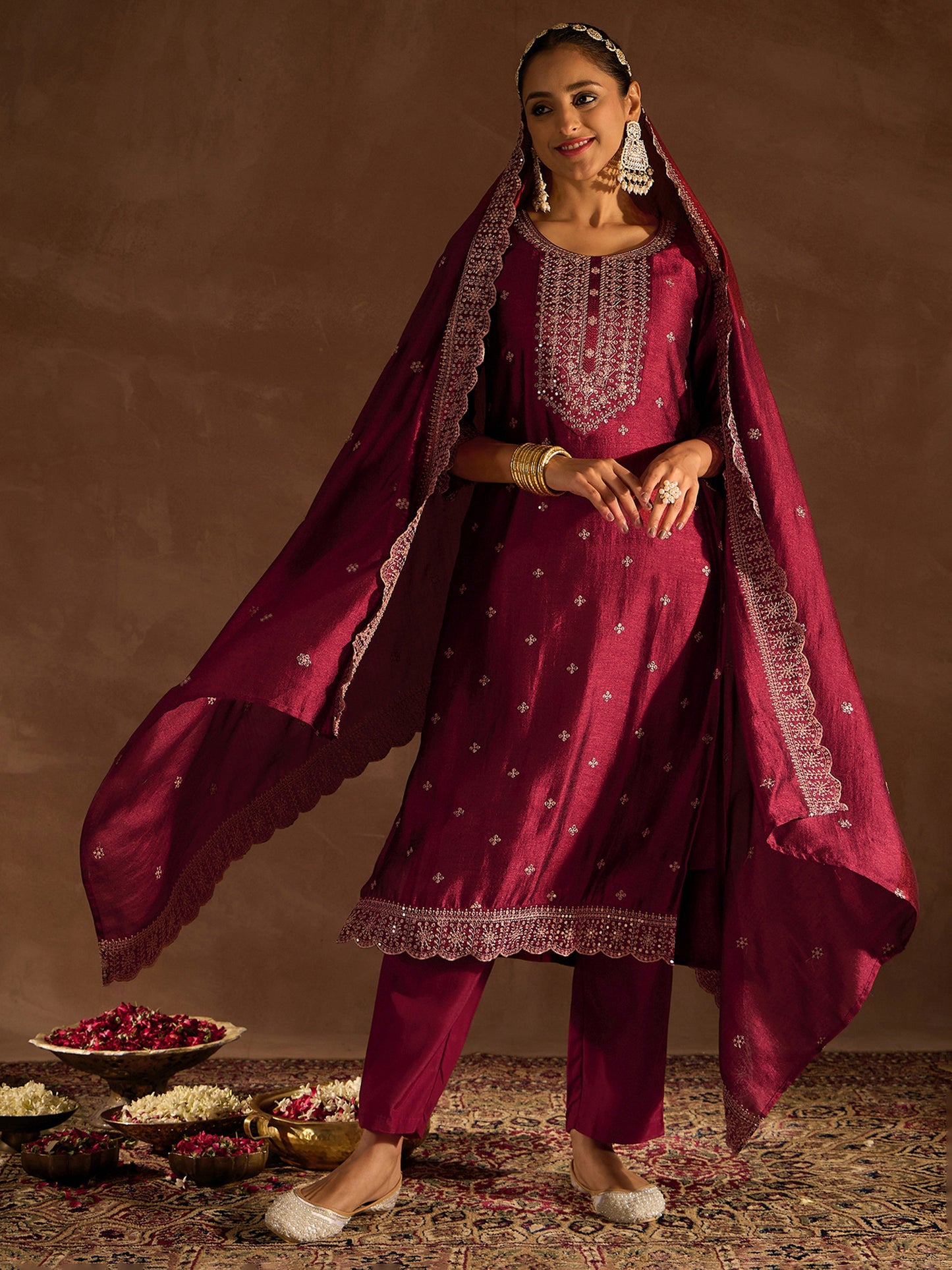 IE Maroon Embroidered Straight Kurta Trousers With Dupatta set