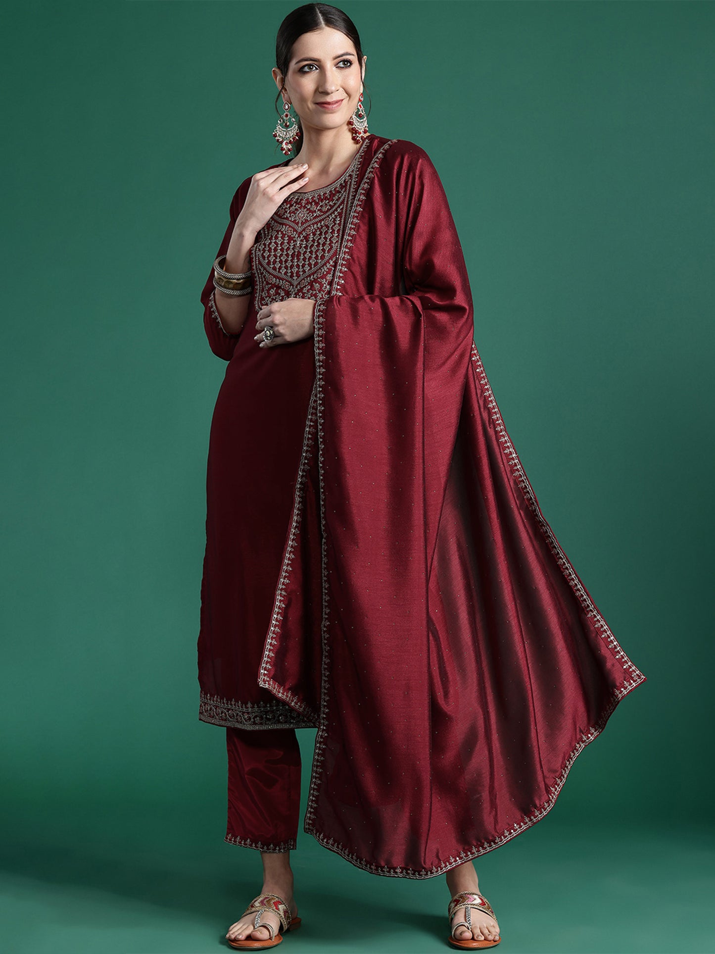 IE Maroon Embroidered Straight Kurta Trousers With Dupatta set