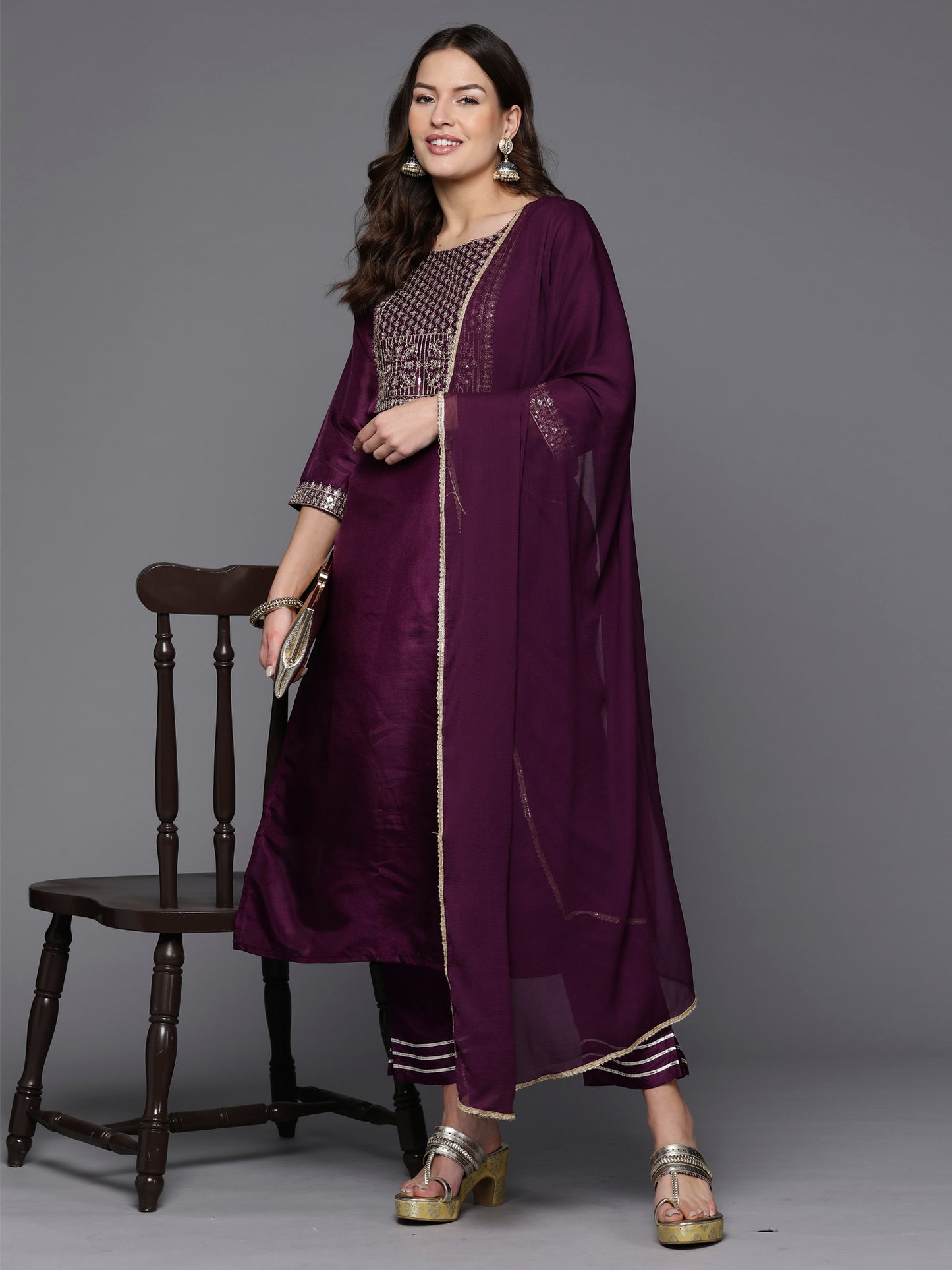 IE Burgundy Embroidered Straight Kurta Trousers With Dupatta Set