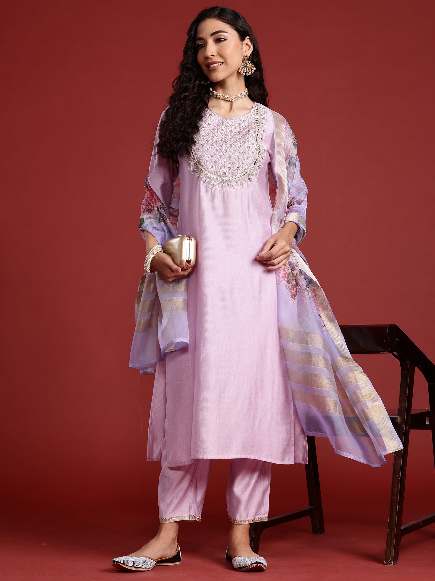 IE Lavender Embroidered Straight Kurta Trousers With Dupatta set