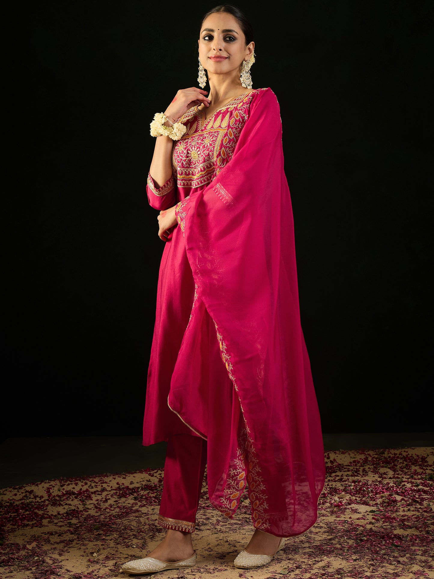 IE Magenta Embroidered Straight Kurta Trousers With Dupatta set