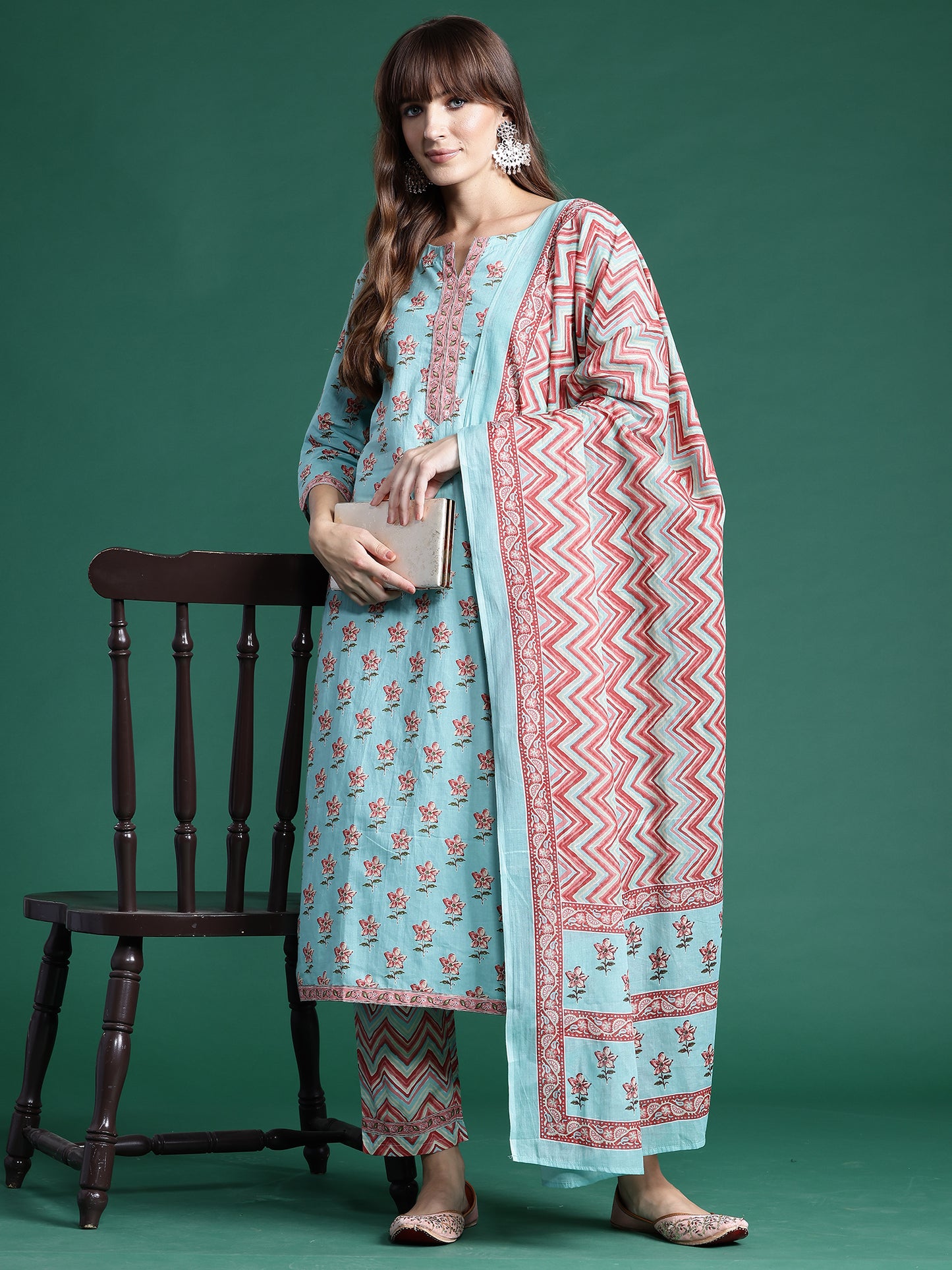 IE Blue Printed Straight Kurta Trousers With Dupatta set