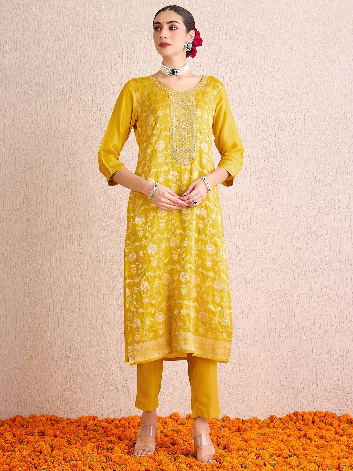 IE Yellow Embroidered Straight Kurta Trousers With Dupatta set