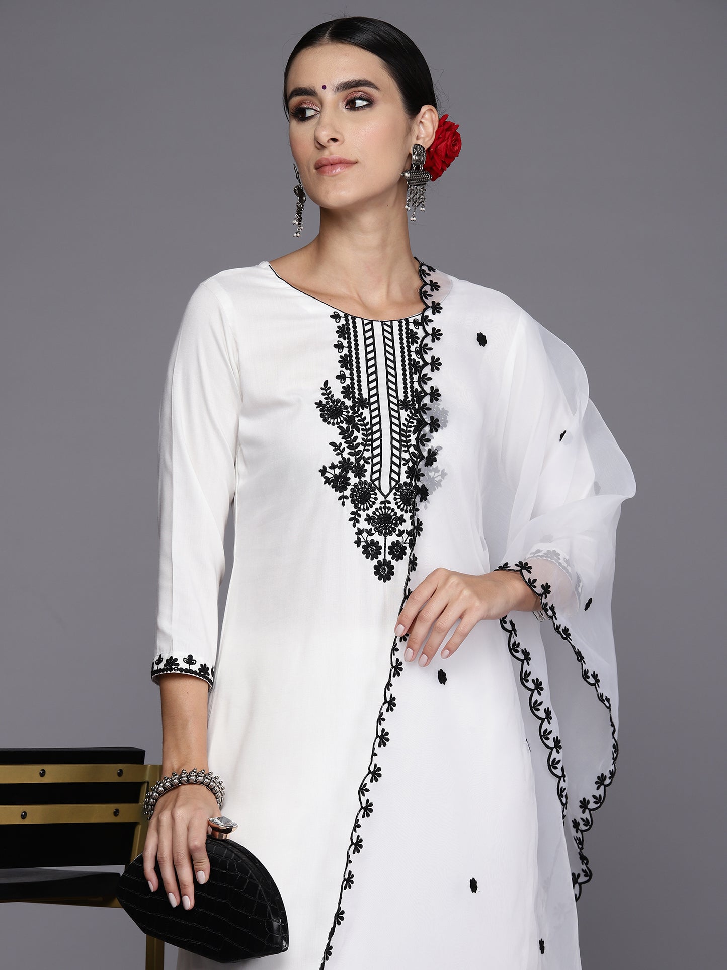 IE White Embroidered Straight Kurta Trousers With Dupatta Set