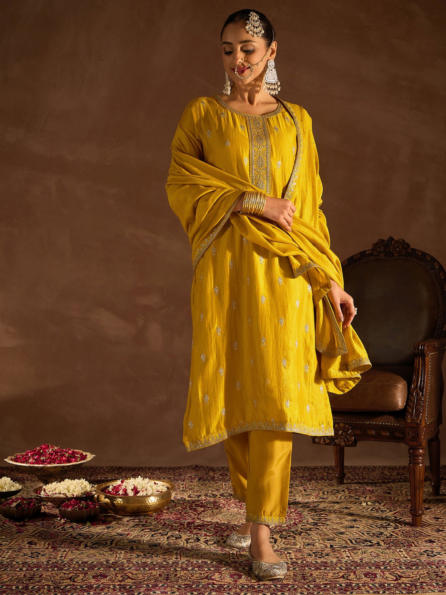 IE Yellow Embroidered Straight Kurta Trousers With Dupatta set