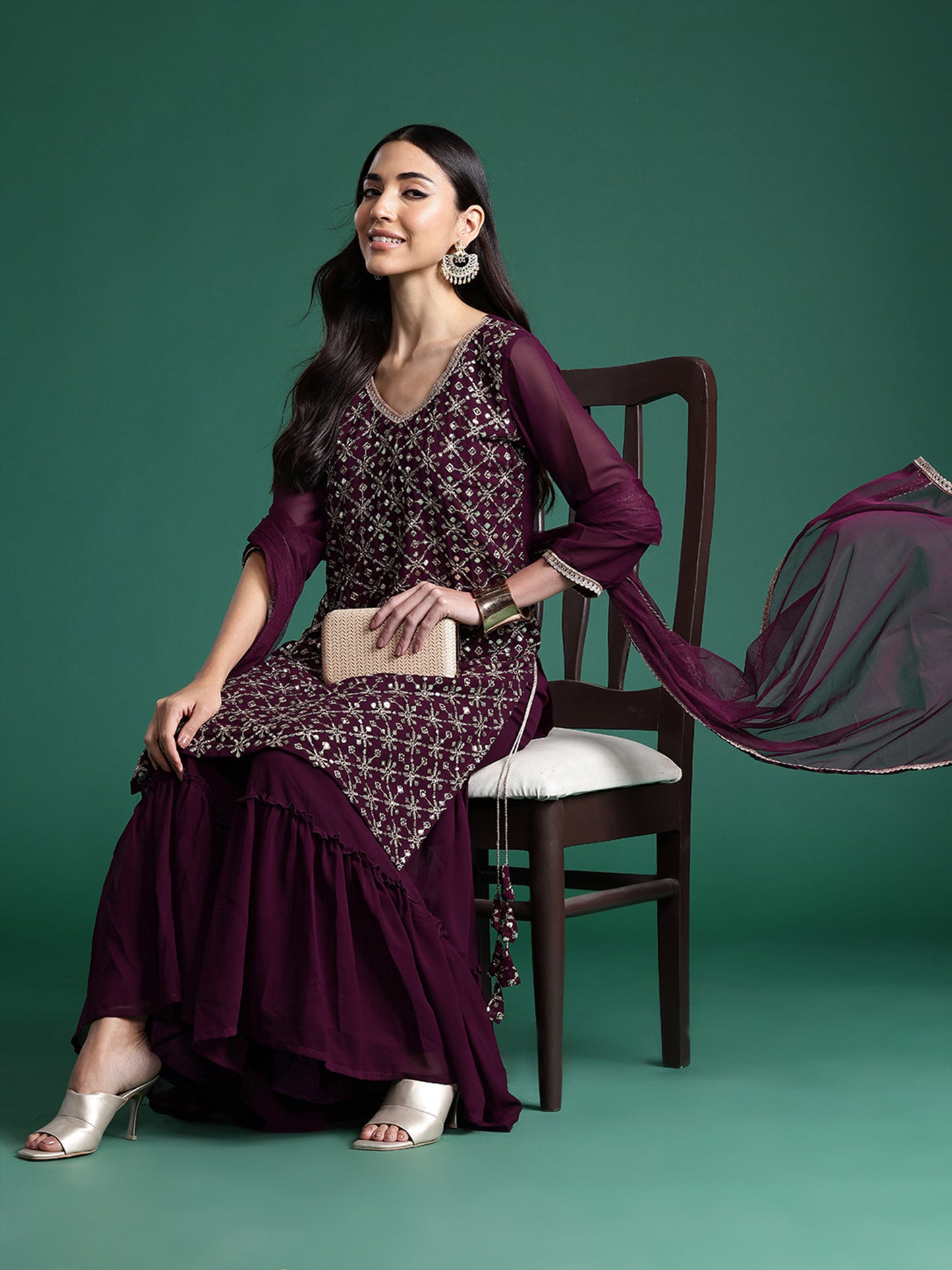 IE Burgundy Embroidered Straight Kurta Sharara With Dupatta set