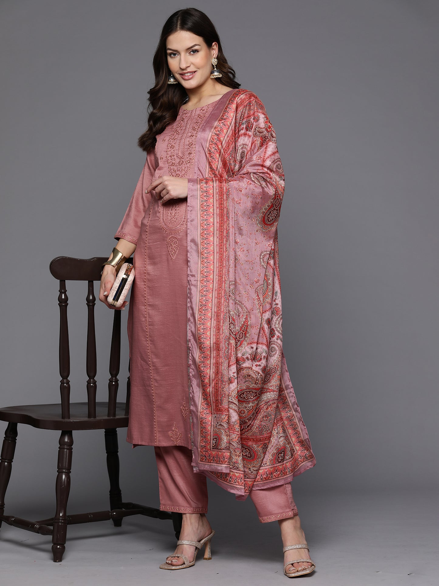 IE Mauve Embroidered Straight Kurta Trousers With Dupatta set