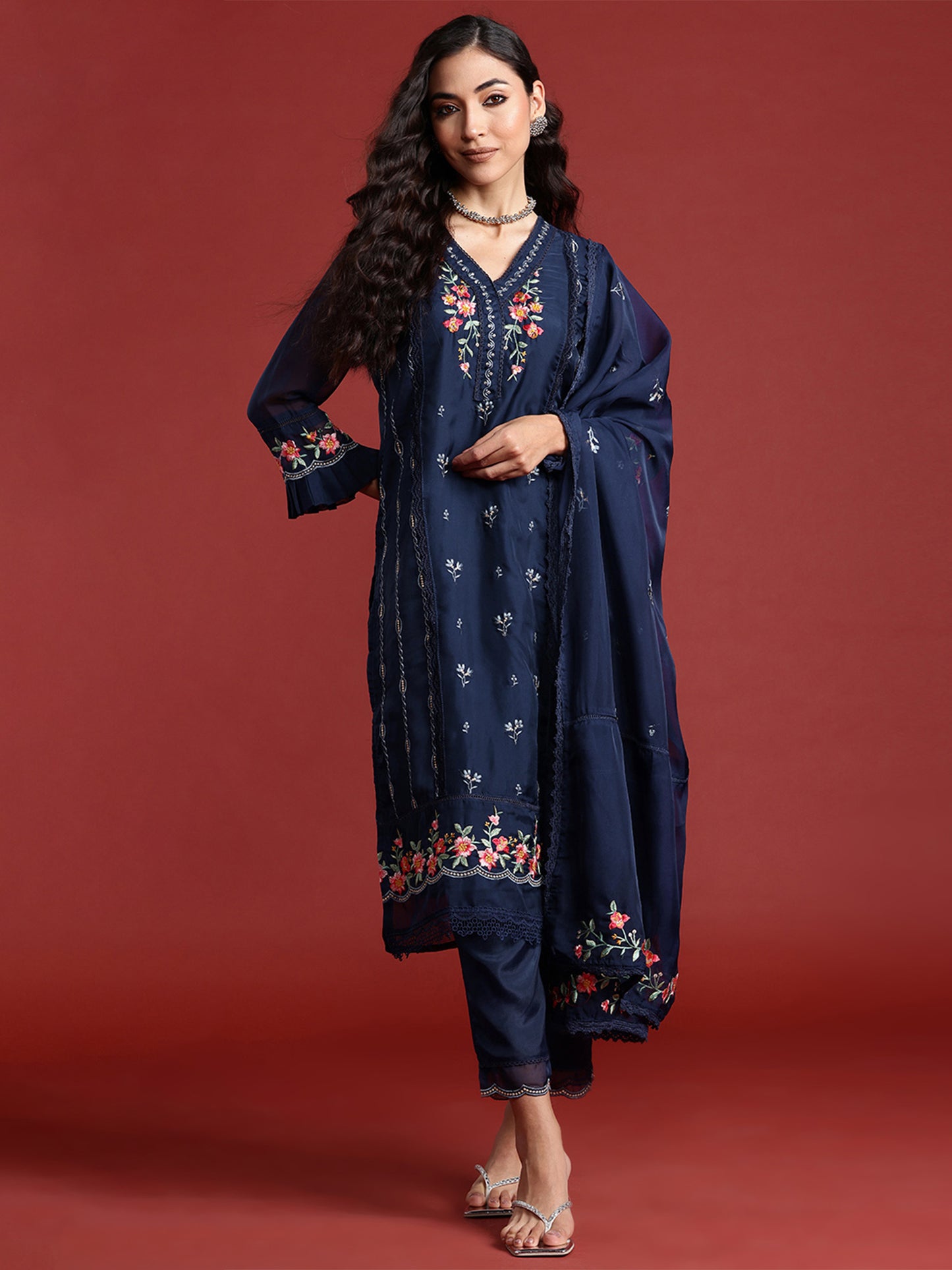 IE Navy Blue Embroidered Straight Kurta Trousers With Dupatta set