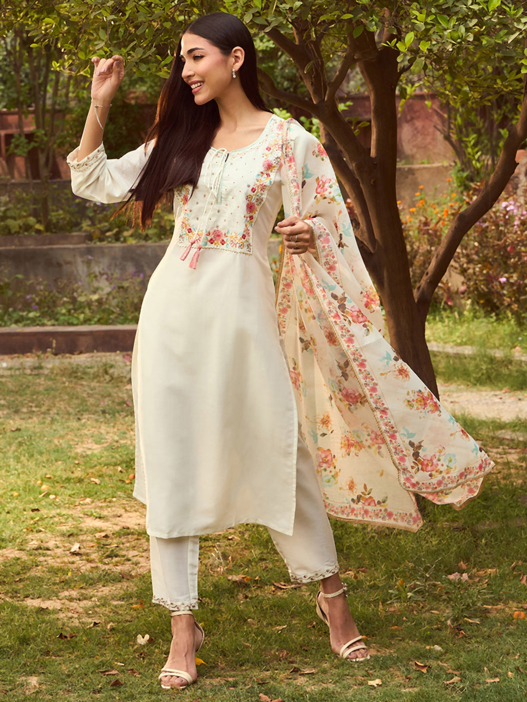 IE White Embroidered Straight Kurta Trousers With Dupatta set