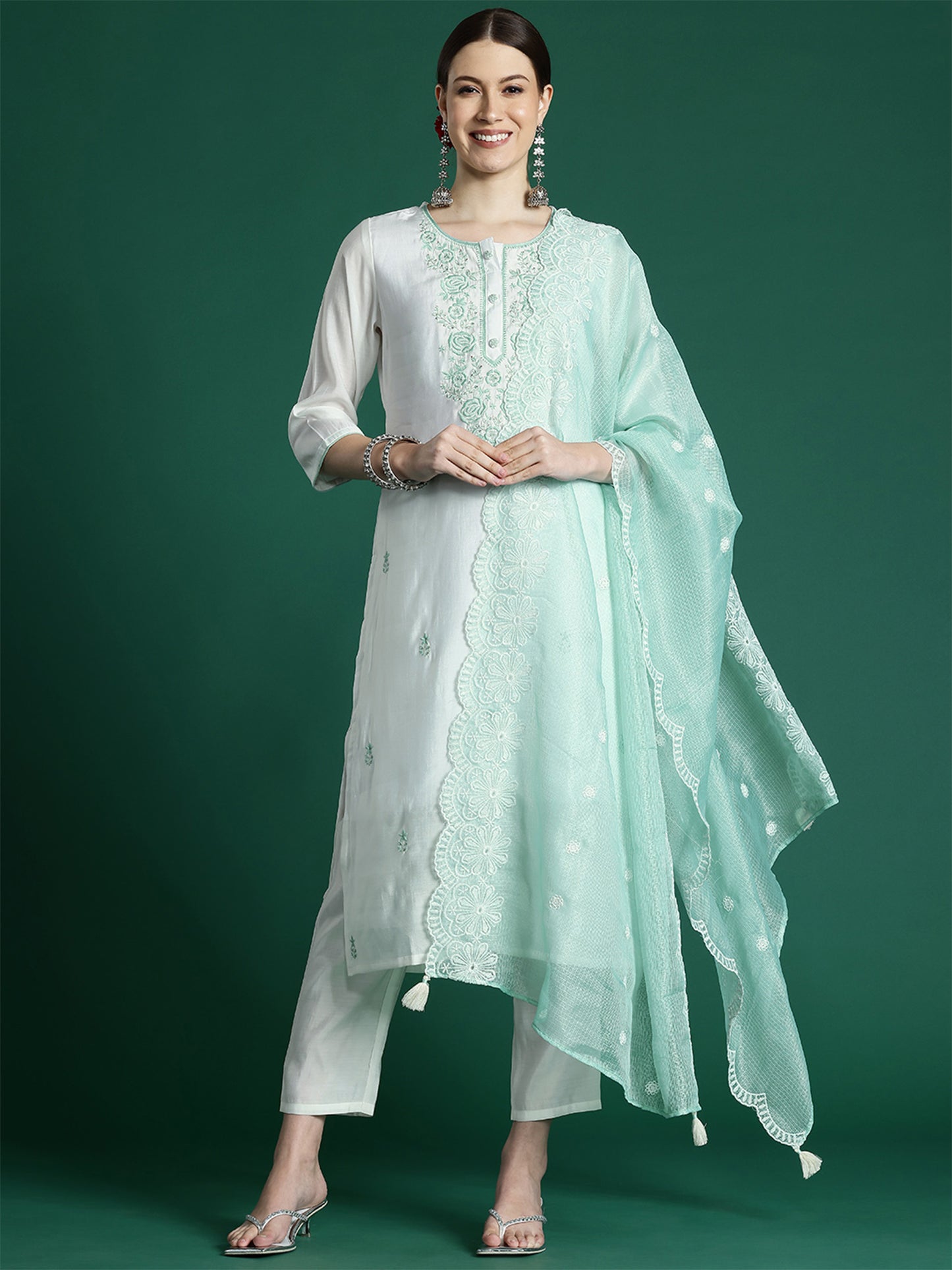 IE White Embroidered Straight Kurta Trousers With Dupatta set