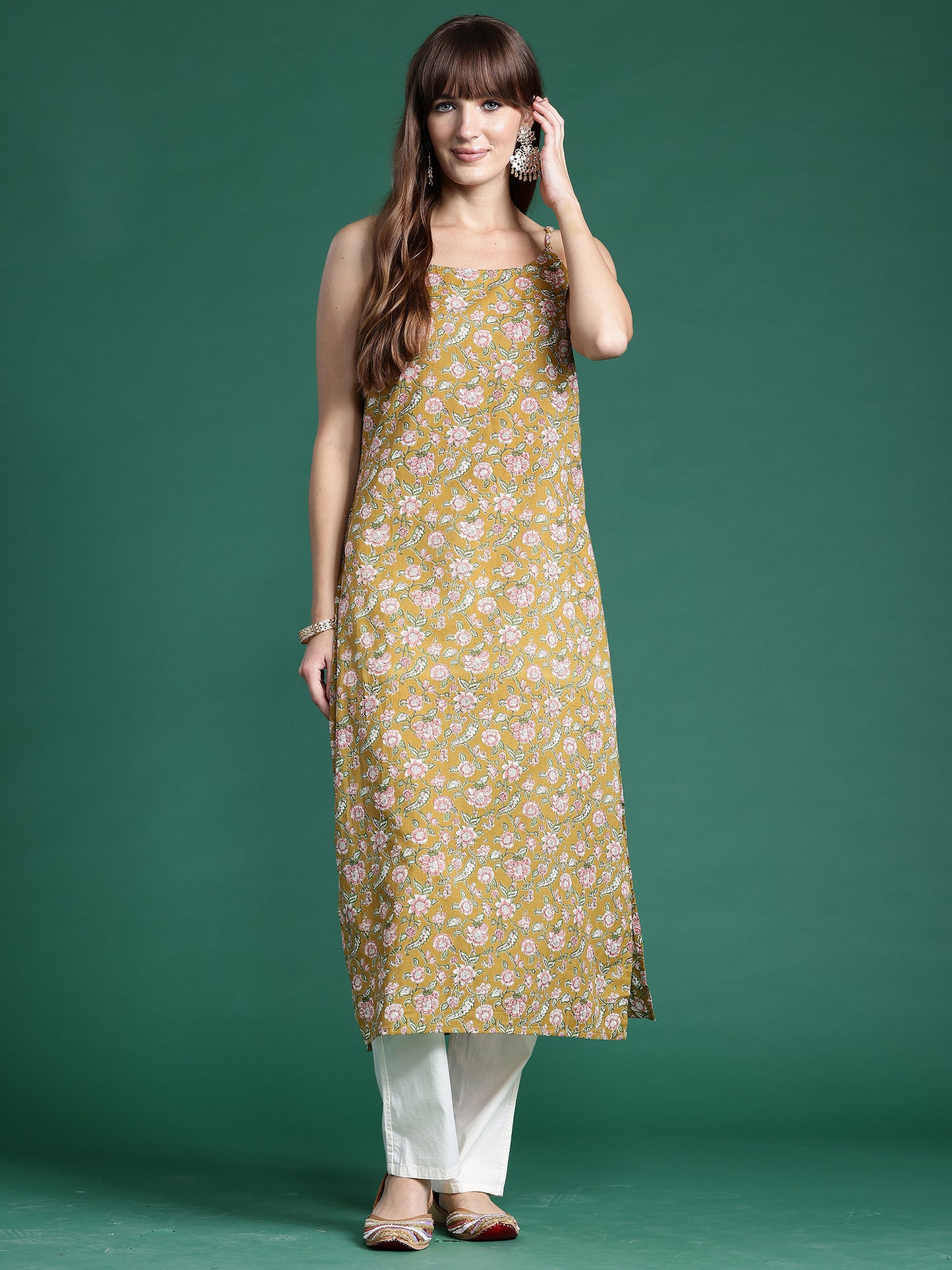 IE Mustard Printed Straight Kurtas