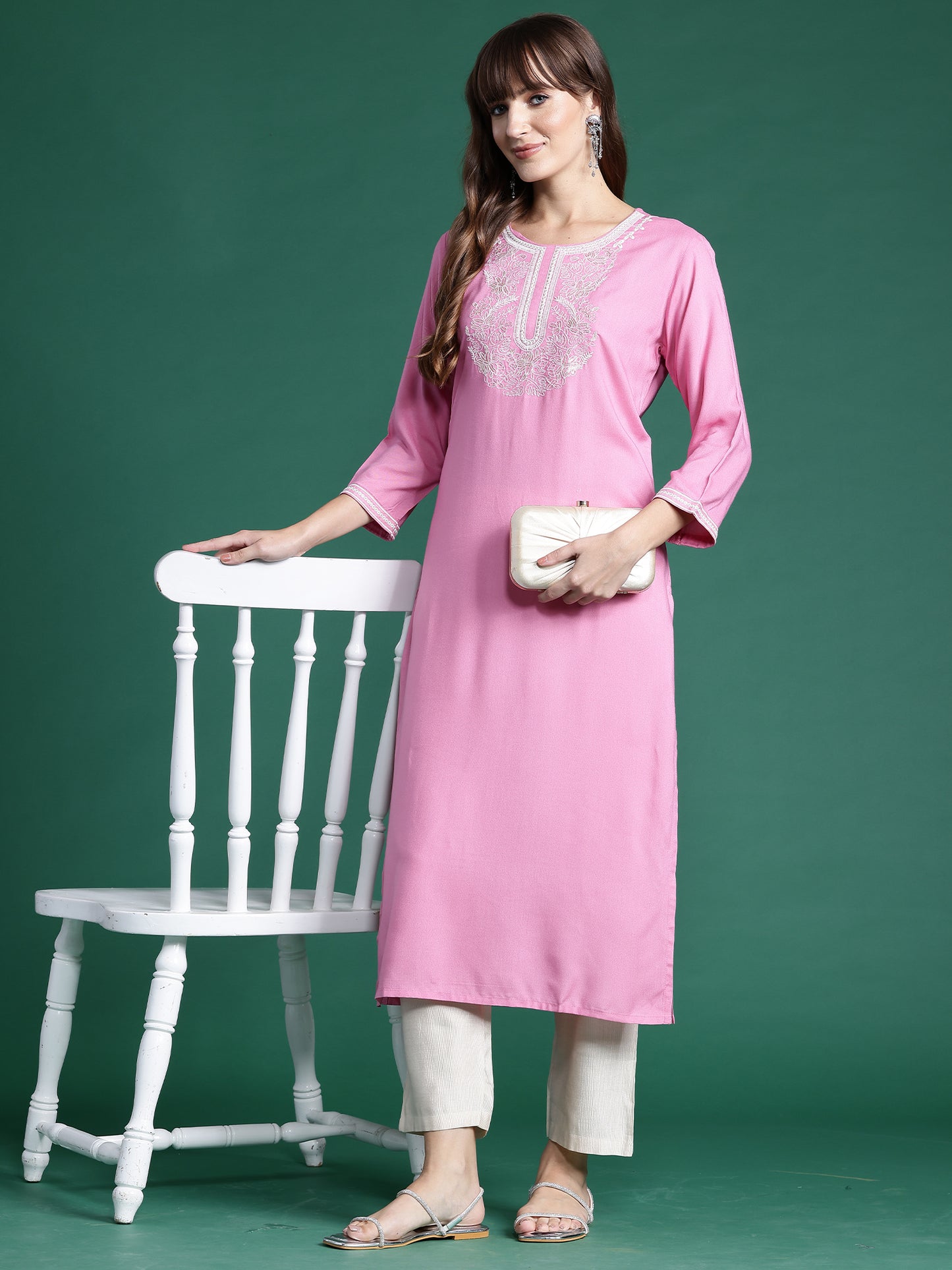 IE Pink Embroidered Straight Kurtas