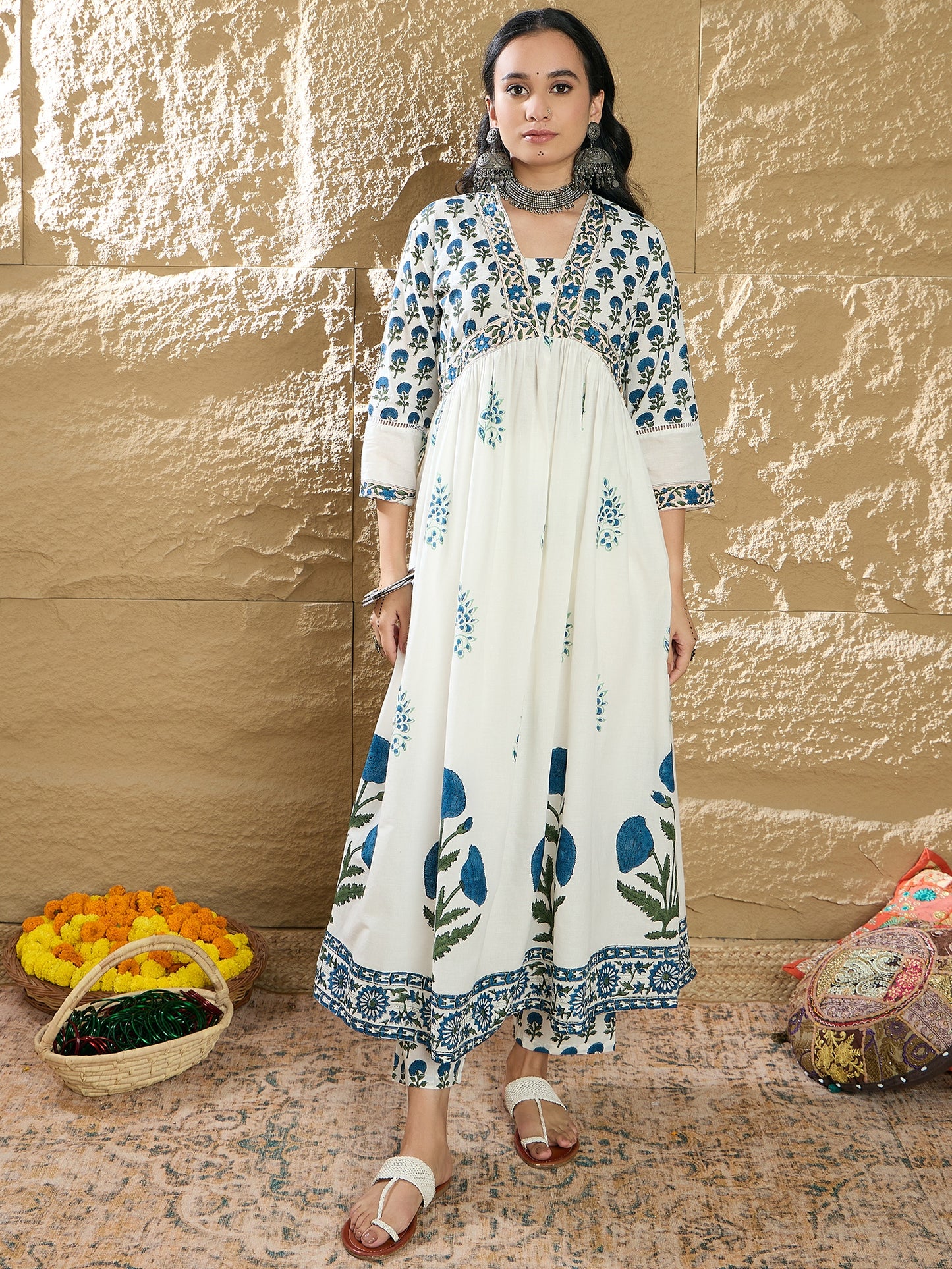 IE White Printed A-Line Kurta Trousers With Dupatta Set