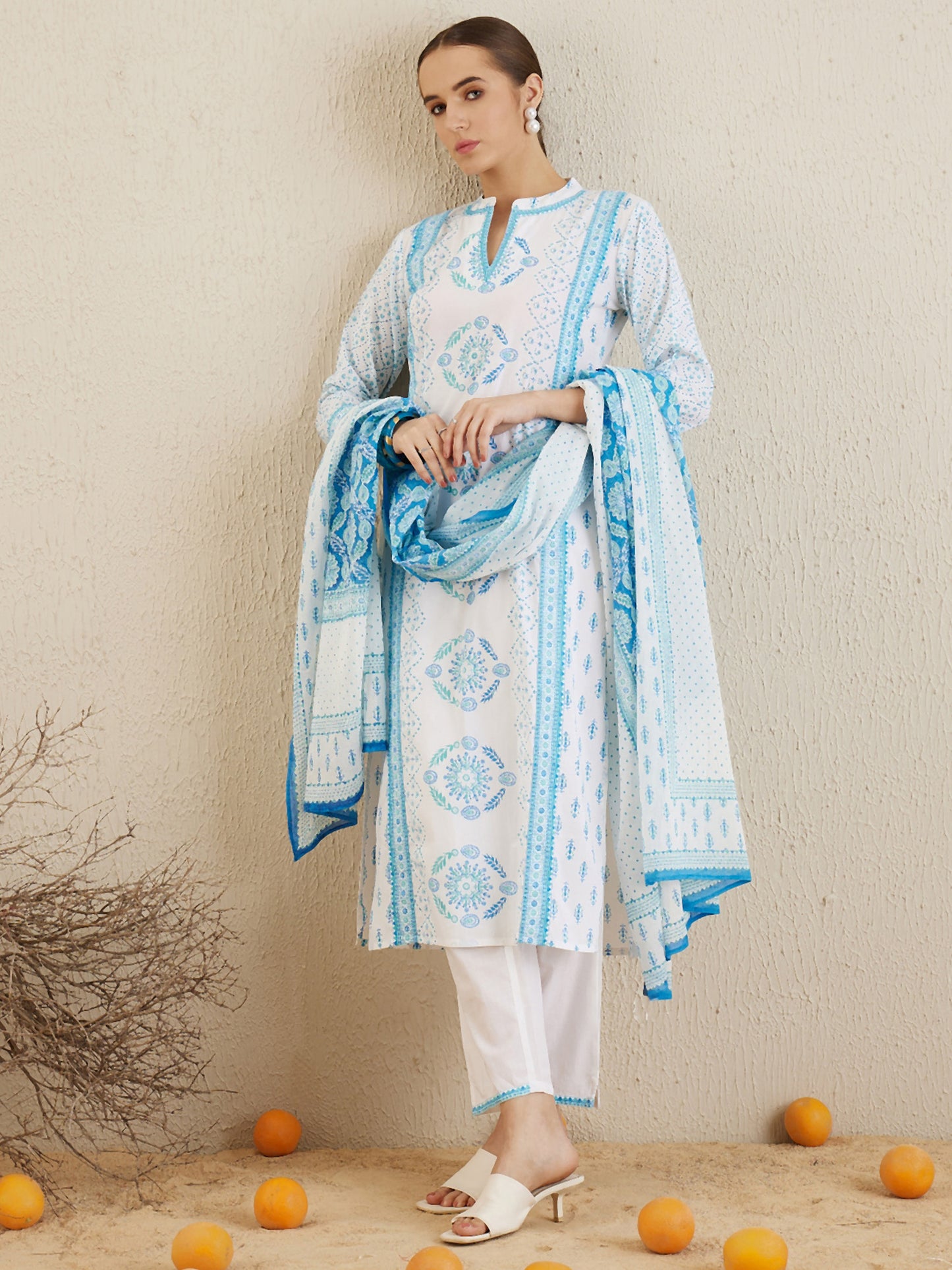 IE Off White Printed Straight Kurta Trousers With Dupatta set