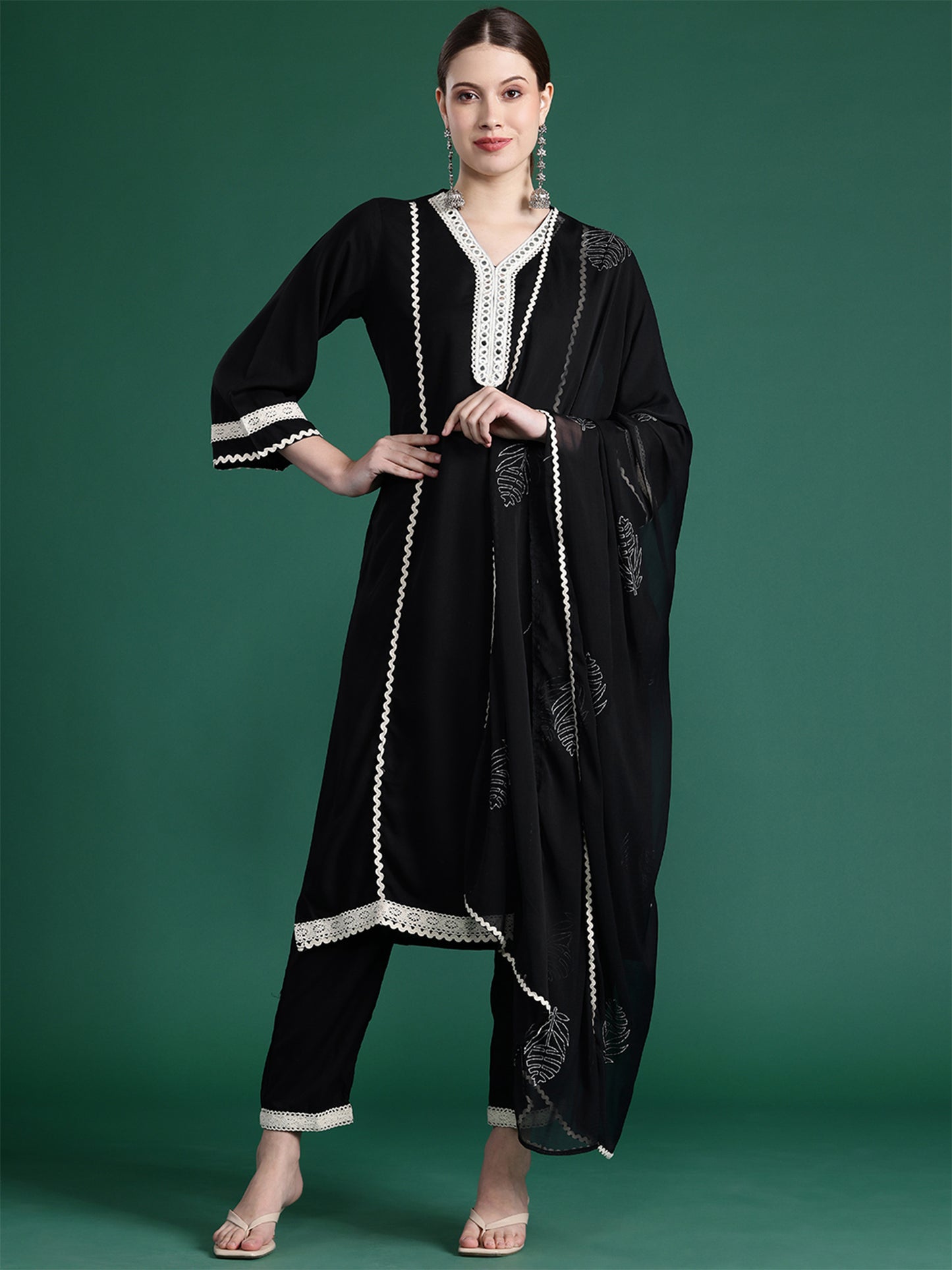 IE Black Embroidered Straight Kurta Trousers With Dupatta set