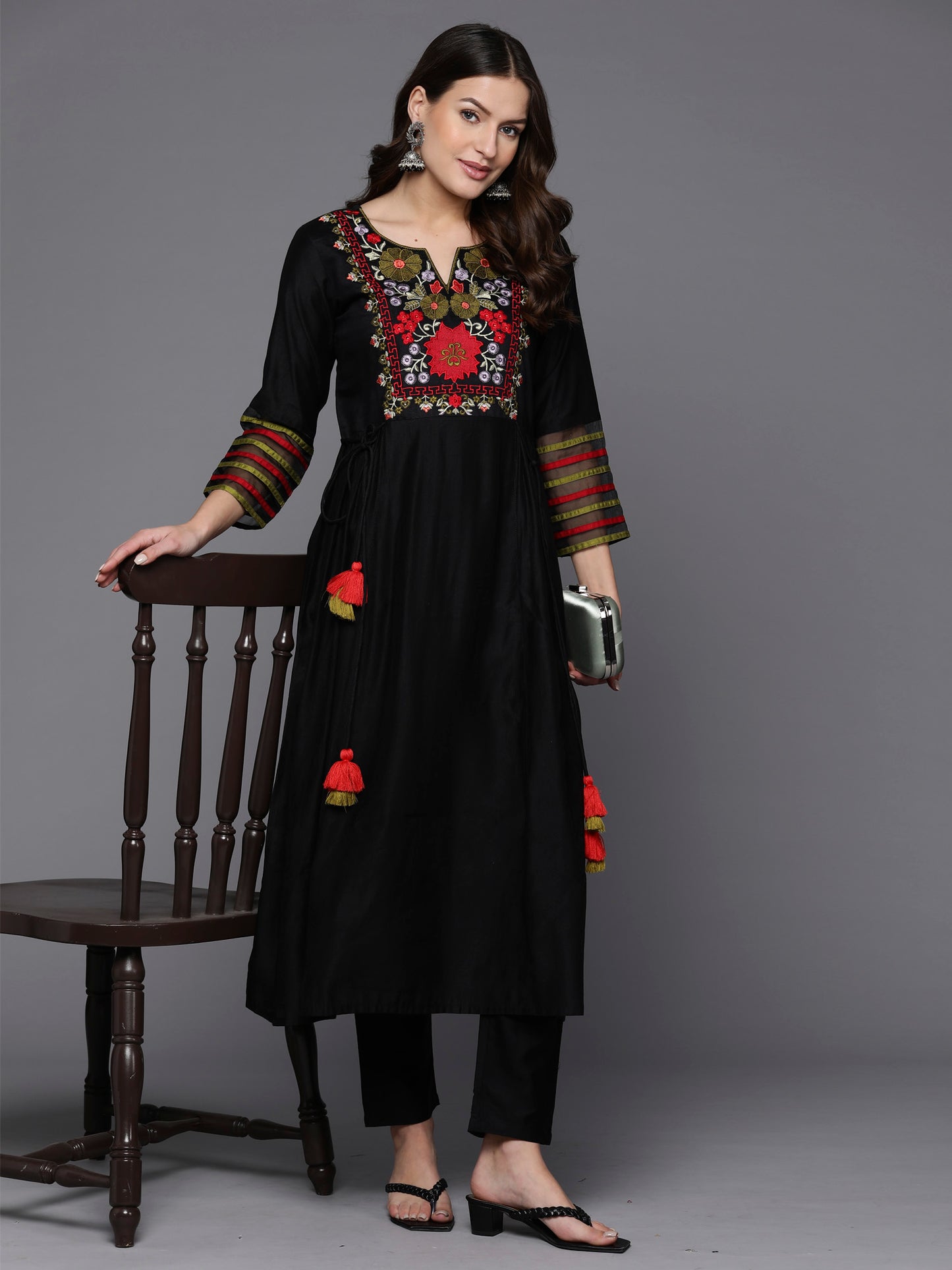 IE Black Embroidered A-Line Kurta Trousers  Set