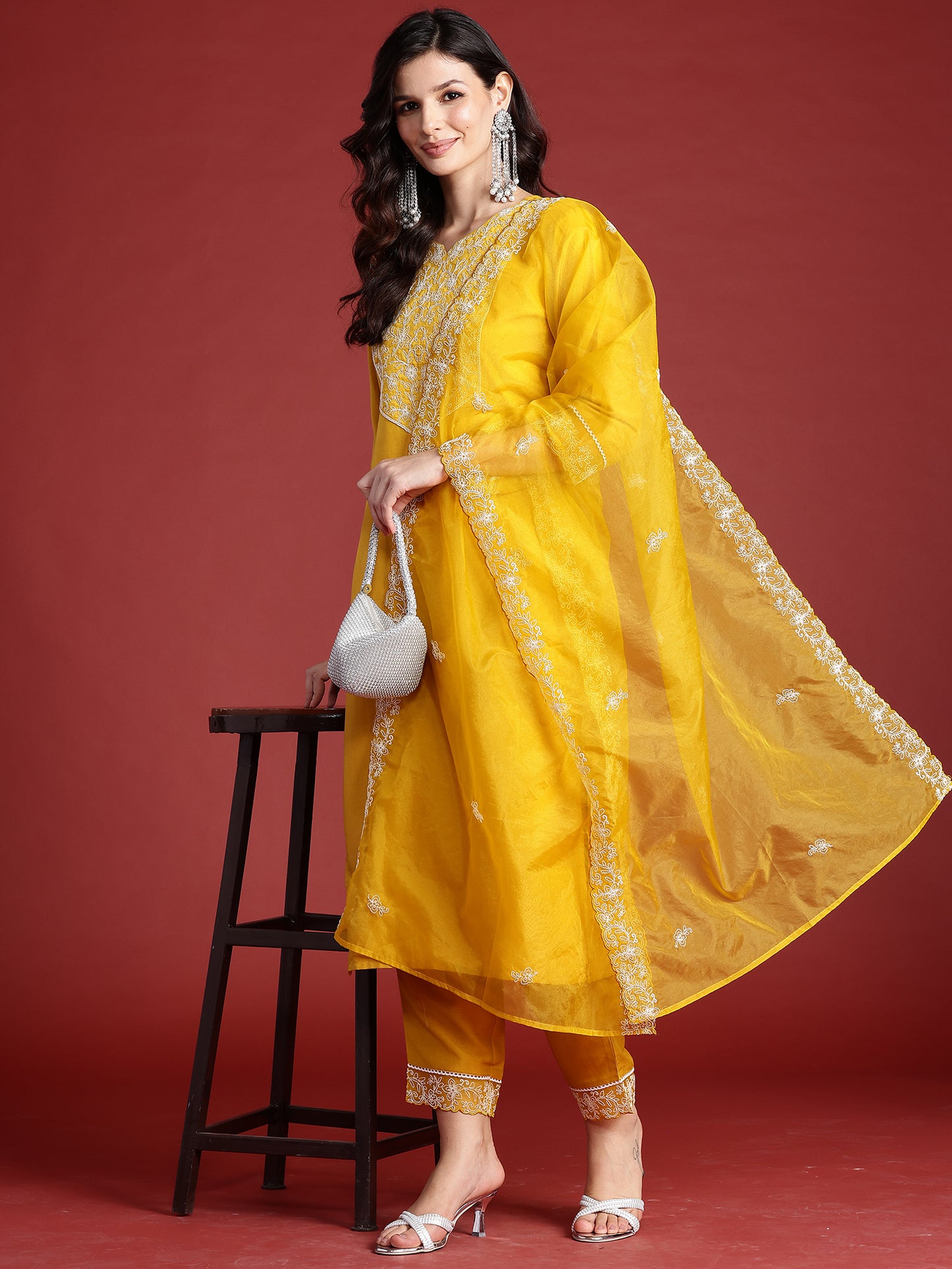 IE Yellow Embroidered Straight Kurta Trousers With Dupatta set