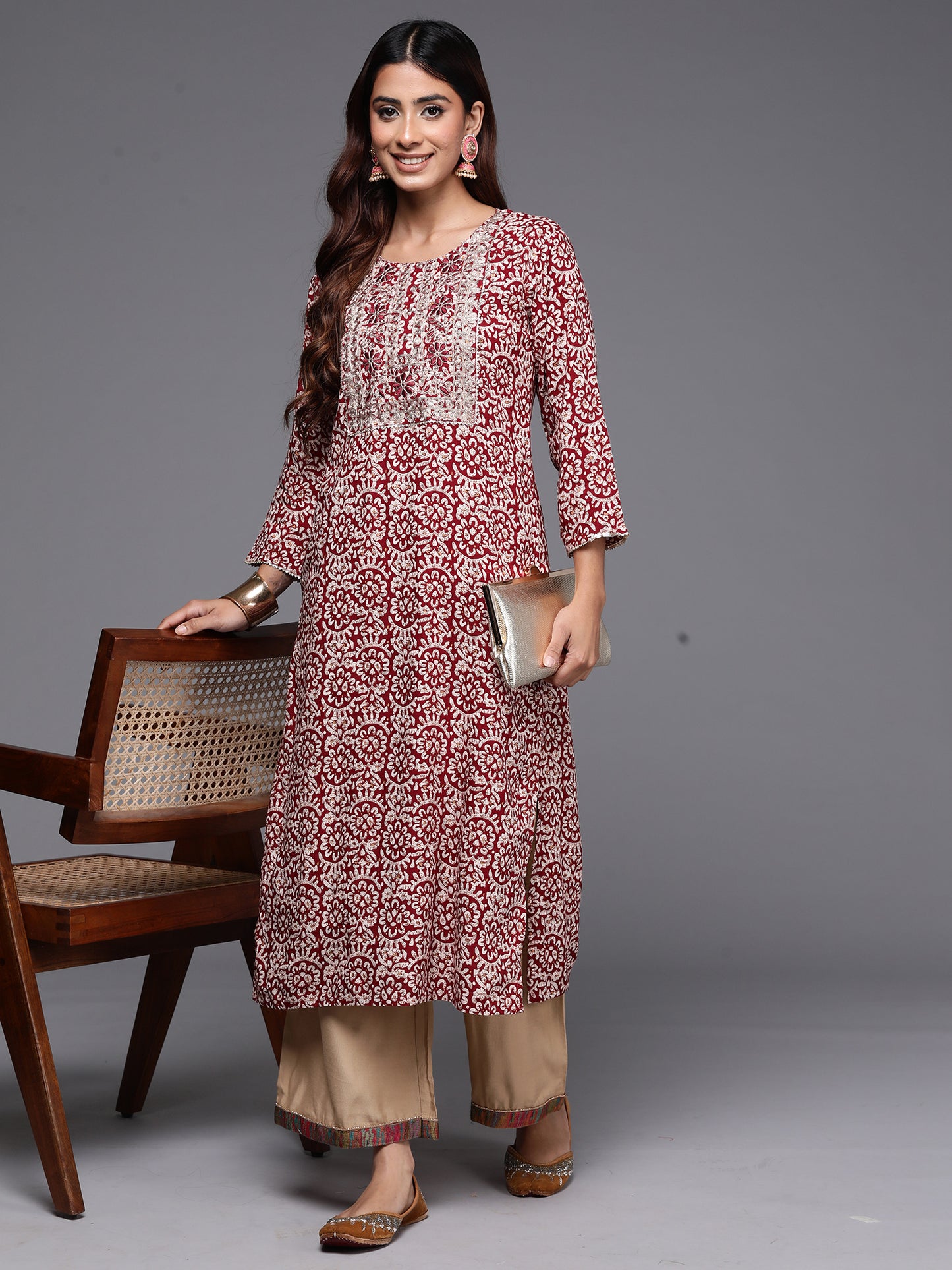 IE Maroon Printed Straight Kurtas