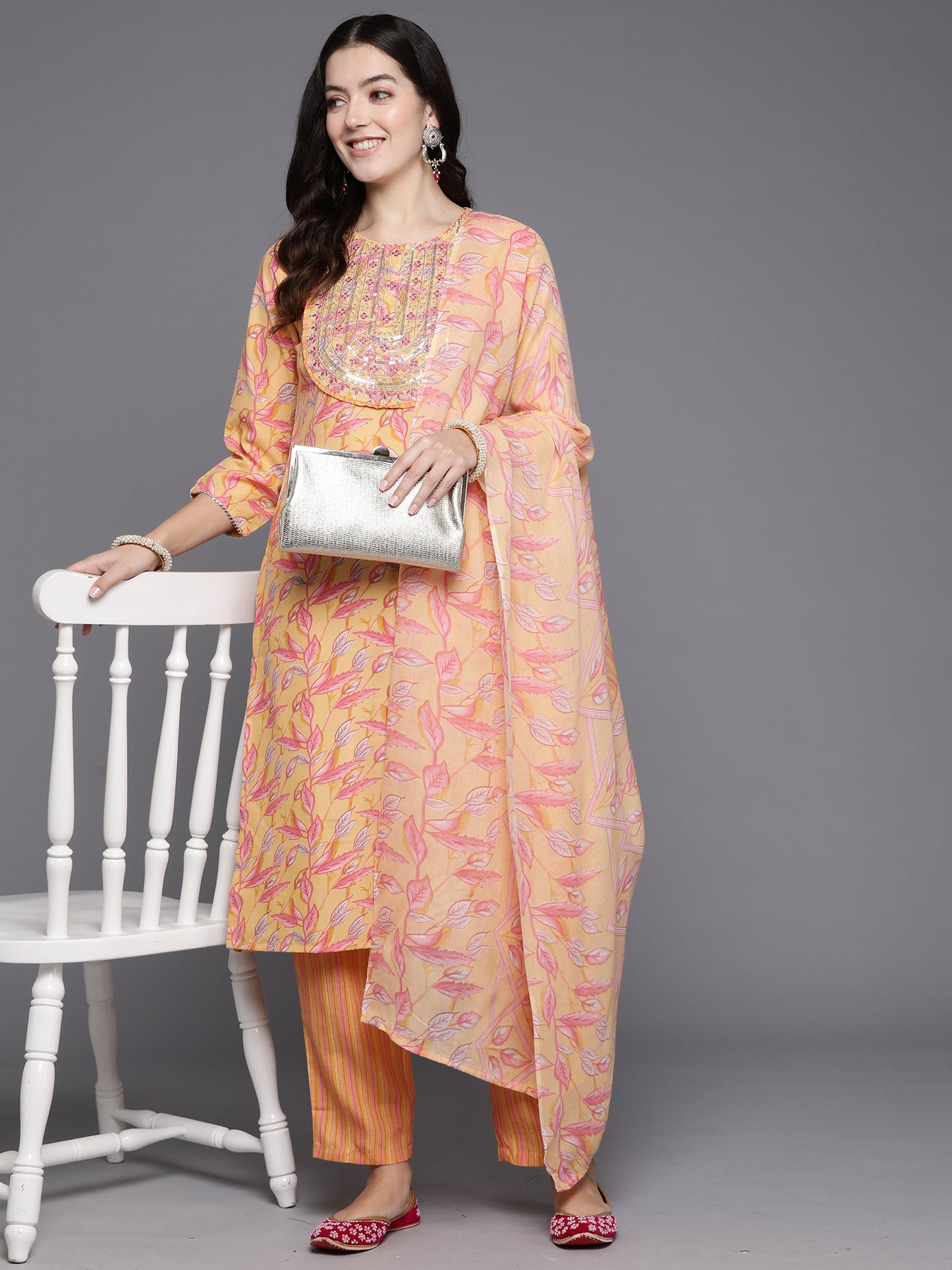 IE Yellow Embroidered Straight Kurta Trousers With Dupatta Set