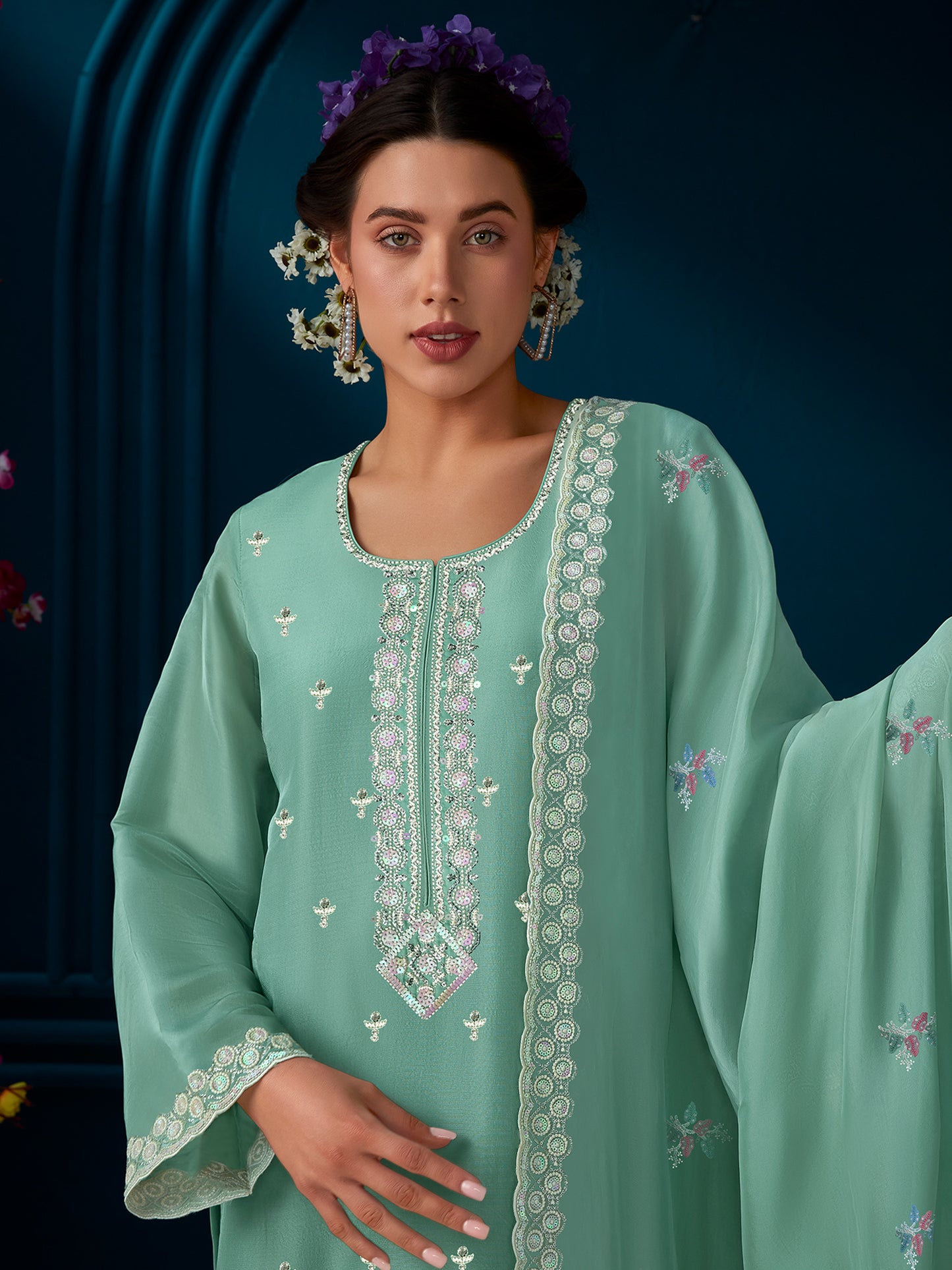 IE Green Straight Embroidered Kurta Trousers With Dupatta Set