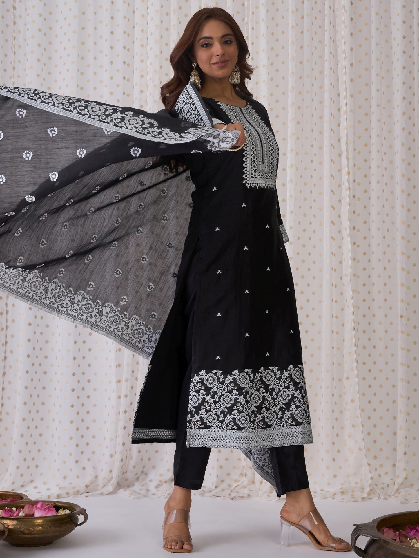 IE Black Woven Design Straight Kurta Trousers With Dupatta set