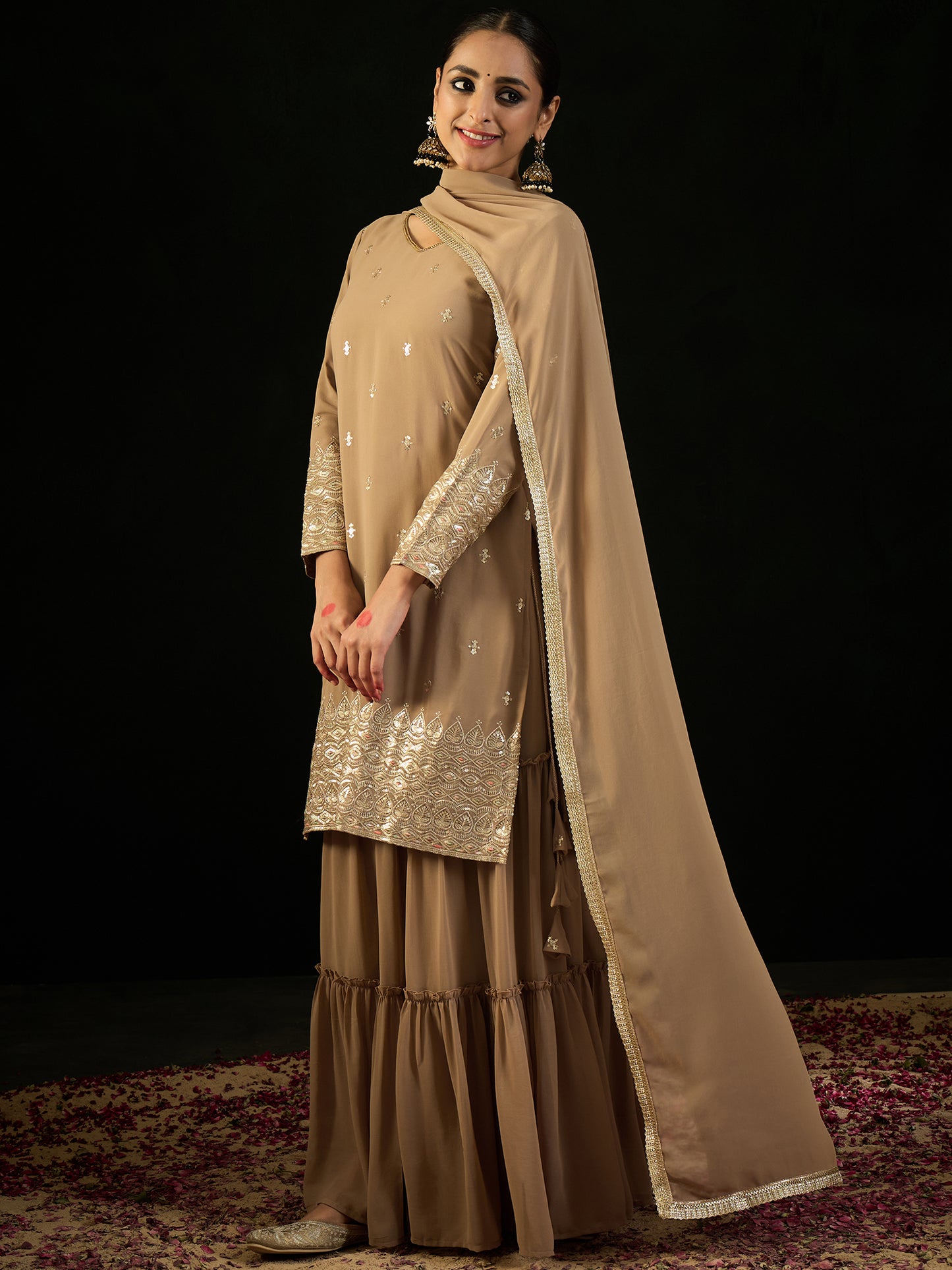 IE Beige Embroidered Straight Kurta Sharara With Dupatta set