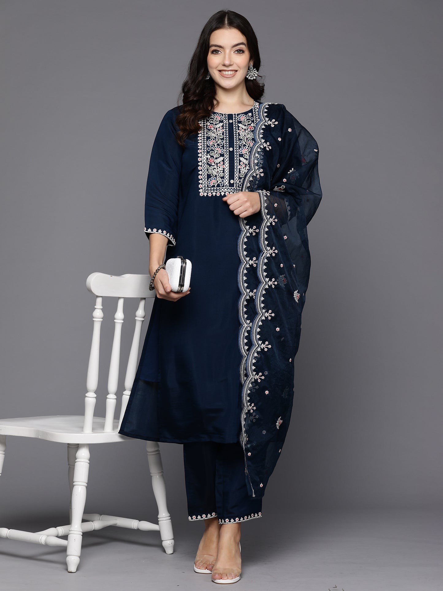 IE Teal Embroidered Straight Kurta Trousers With Dupatta set