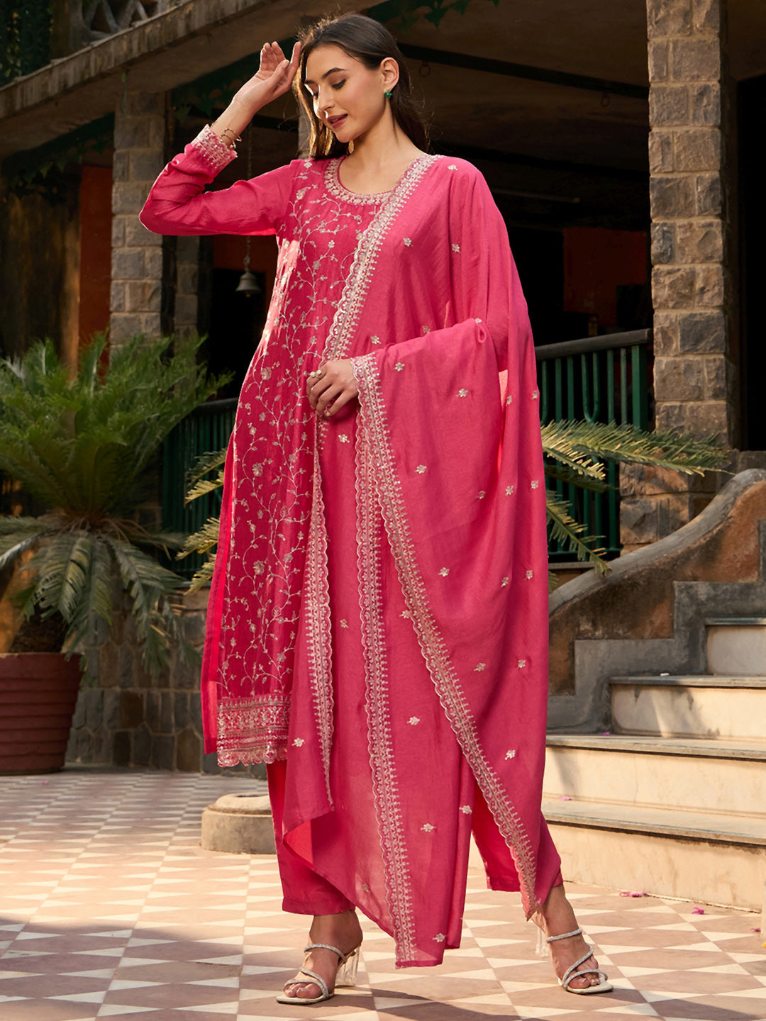 IE Pink Embroidered Straight Kurta Trousers set