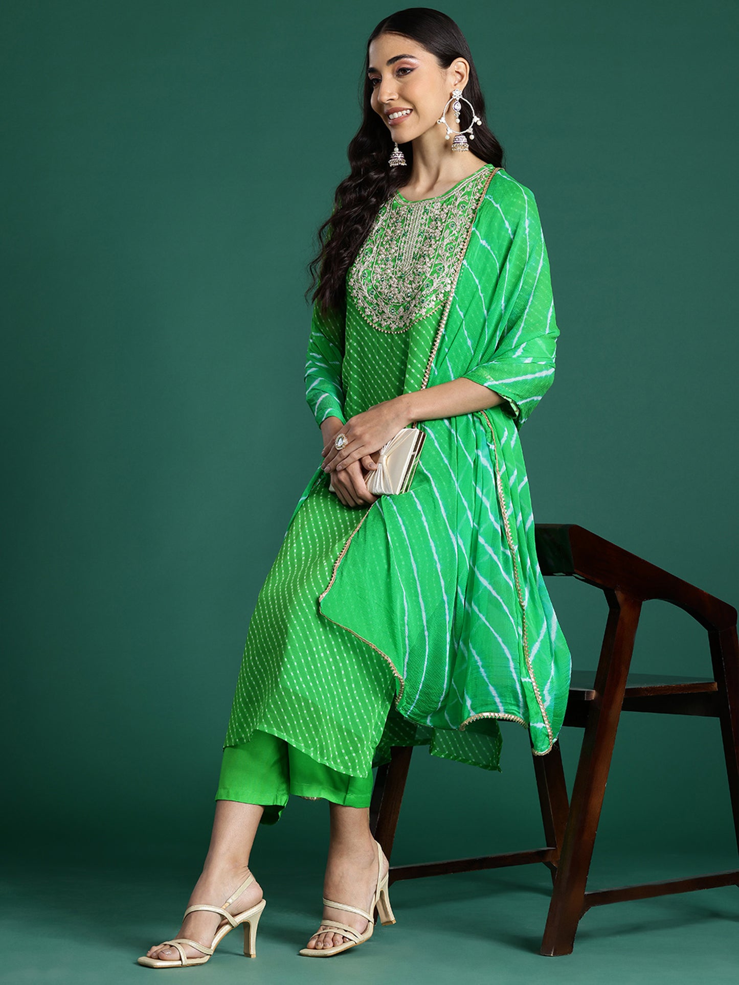 IE Green Printed Straight Kurta Trousers With Dupatta set