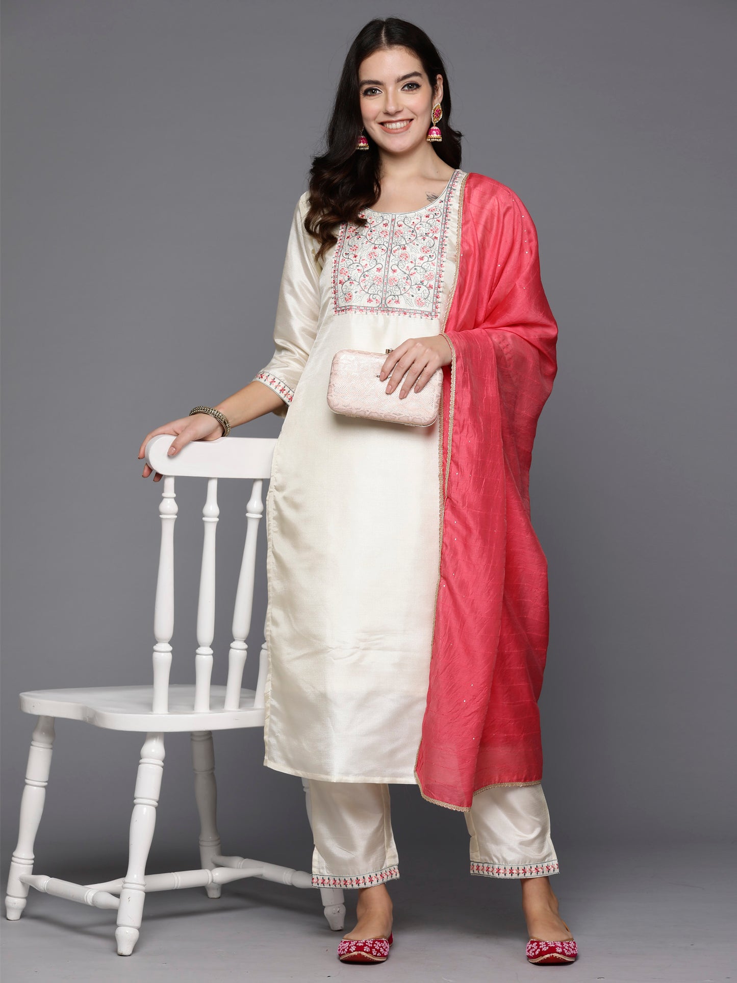 IE Cream Embroidered Straight Kurta Trousers With Dupatta Set