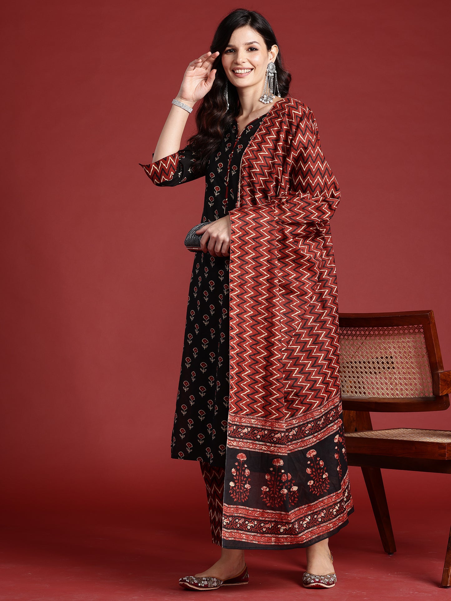 IE Black Printed Straight Kurta Trousers With Dupatta set