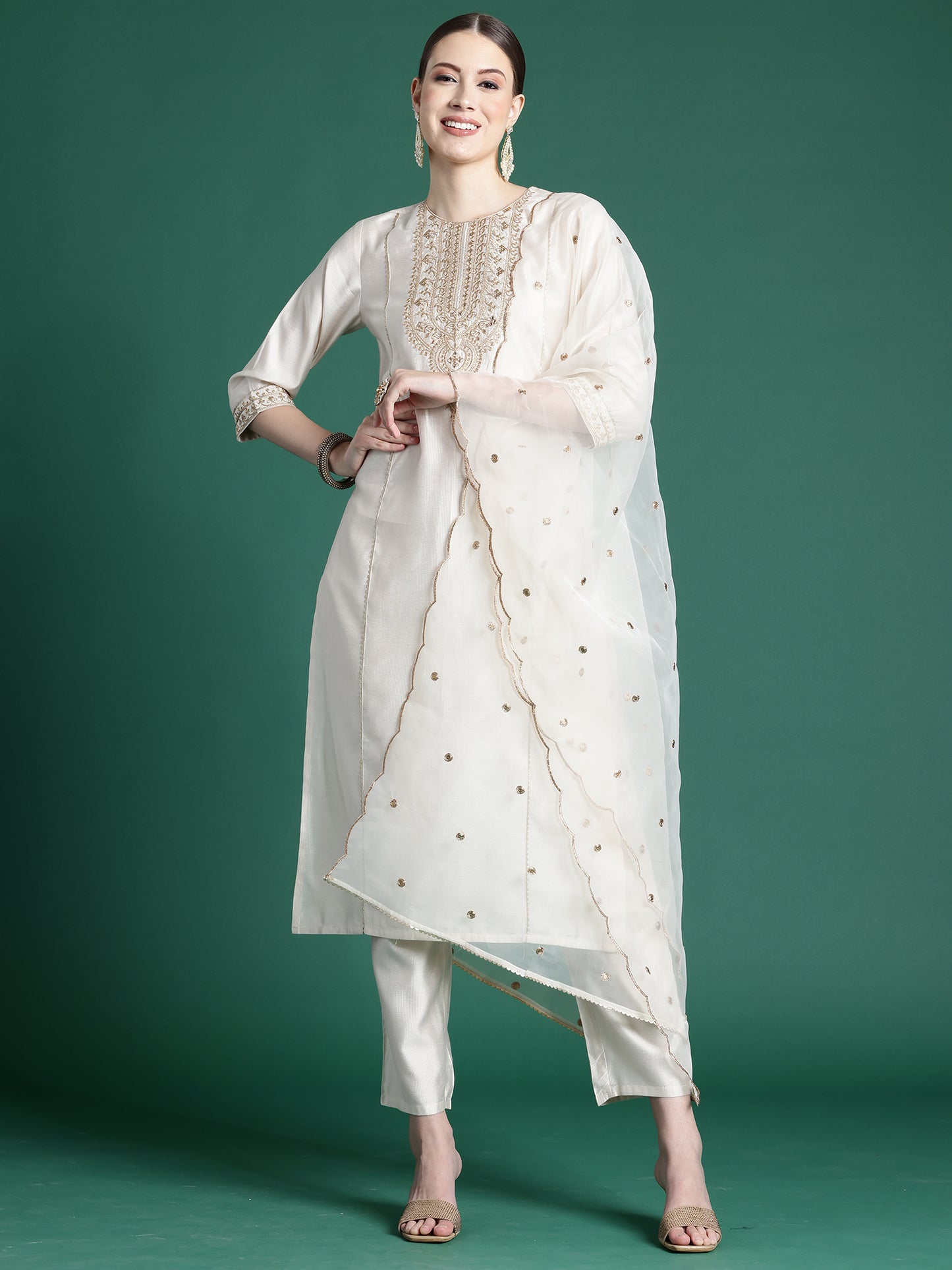 IE Off White Embroidered Straight Kurta Trousers With Dupatta set