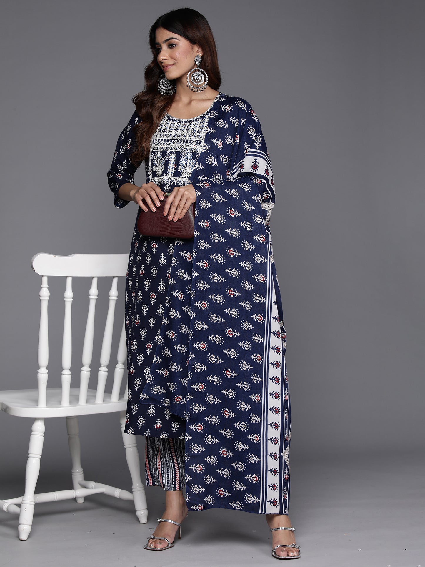 IE Navy Blue Printed Straight Kurta Trousers With Dupatta Set