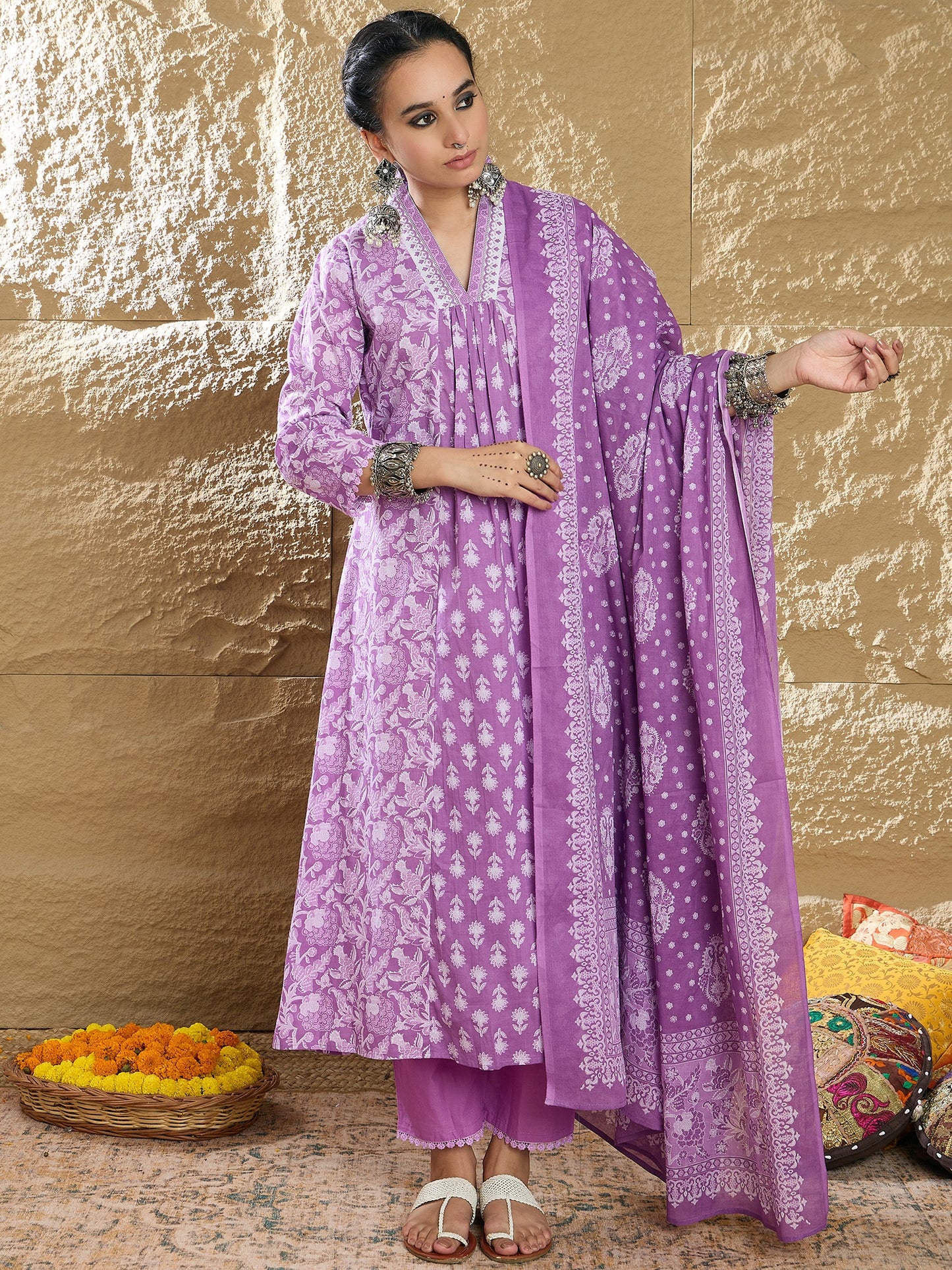 IE Lavender Printed A-Line Kurta Trousers With Dupatta set