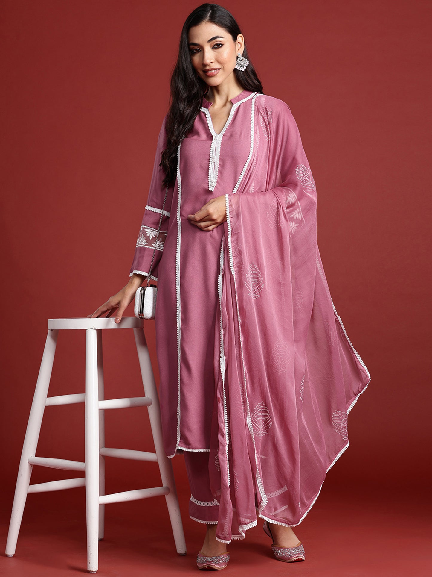 IE Mauve Embroidered Straight Kurta Trousers With Dupatta set