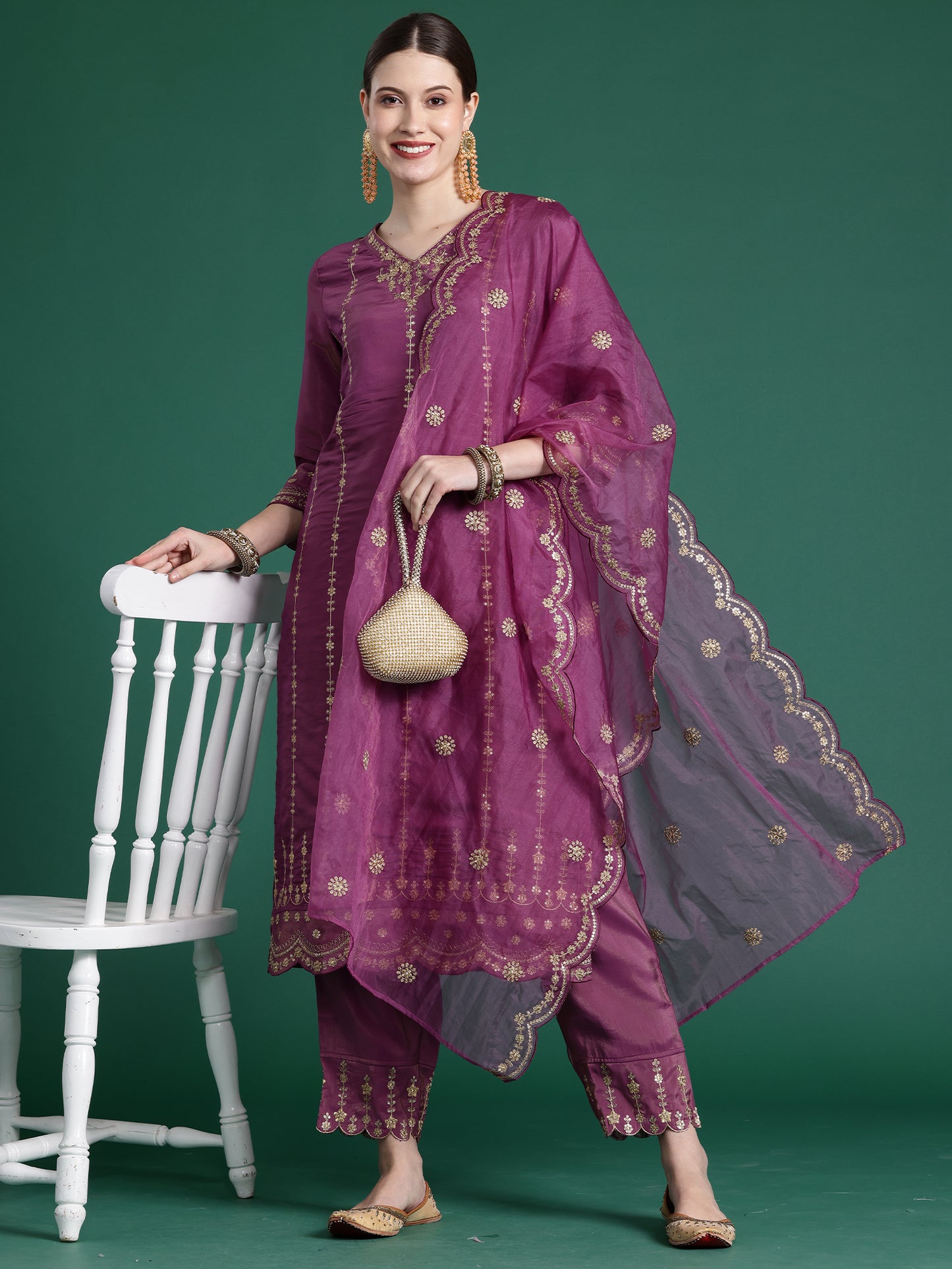 IE Burgandy Straight Embroidered Kurta Trousers With Dupatta Set