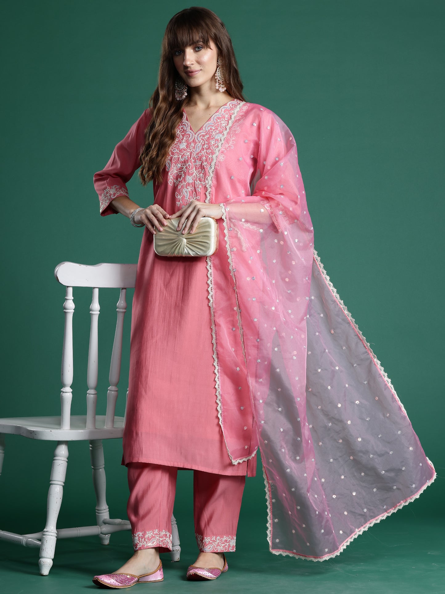 IE Pink Embroidered Straight Kurta Trousers With Dupatta Set