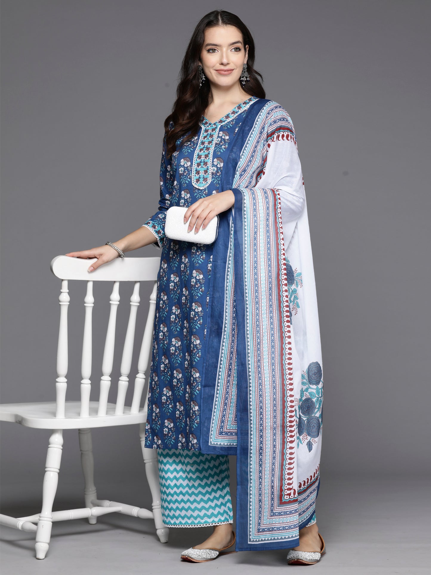 IE Blue Printed Straight Kurta Palazzos With Dupatta Set