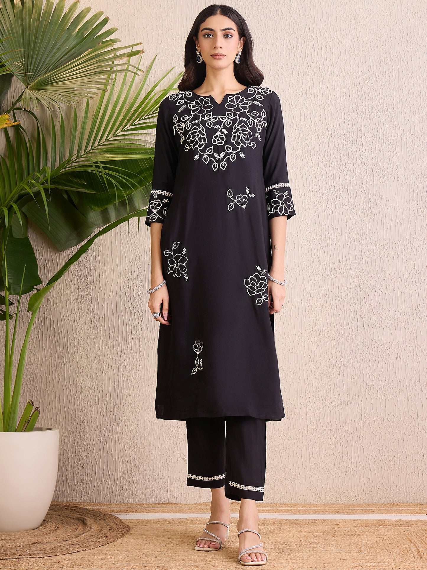 IE Black Embroidered Straight Kurta Trousers With Dupatta Set