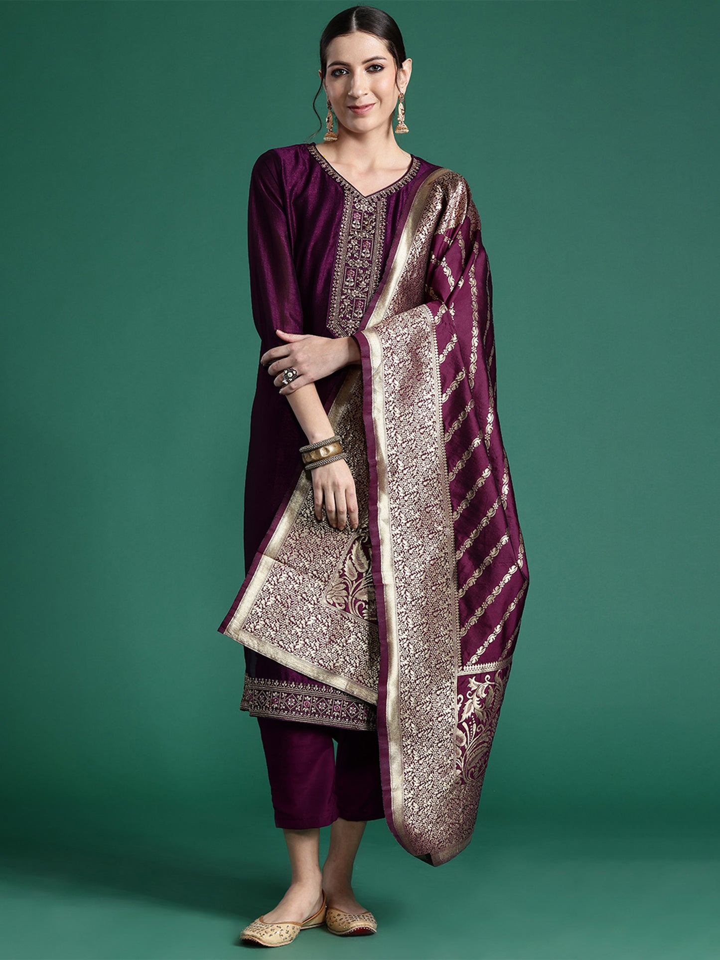 IE Burgundy Embroidered Straight Kurta Trousers With Dupatta set